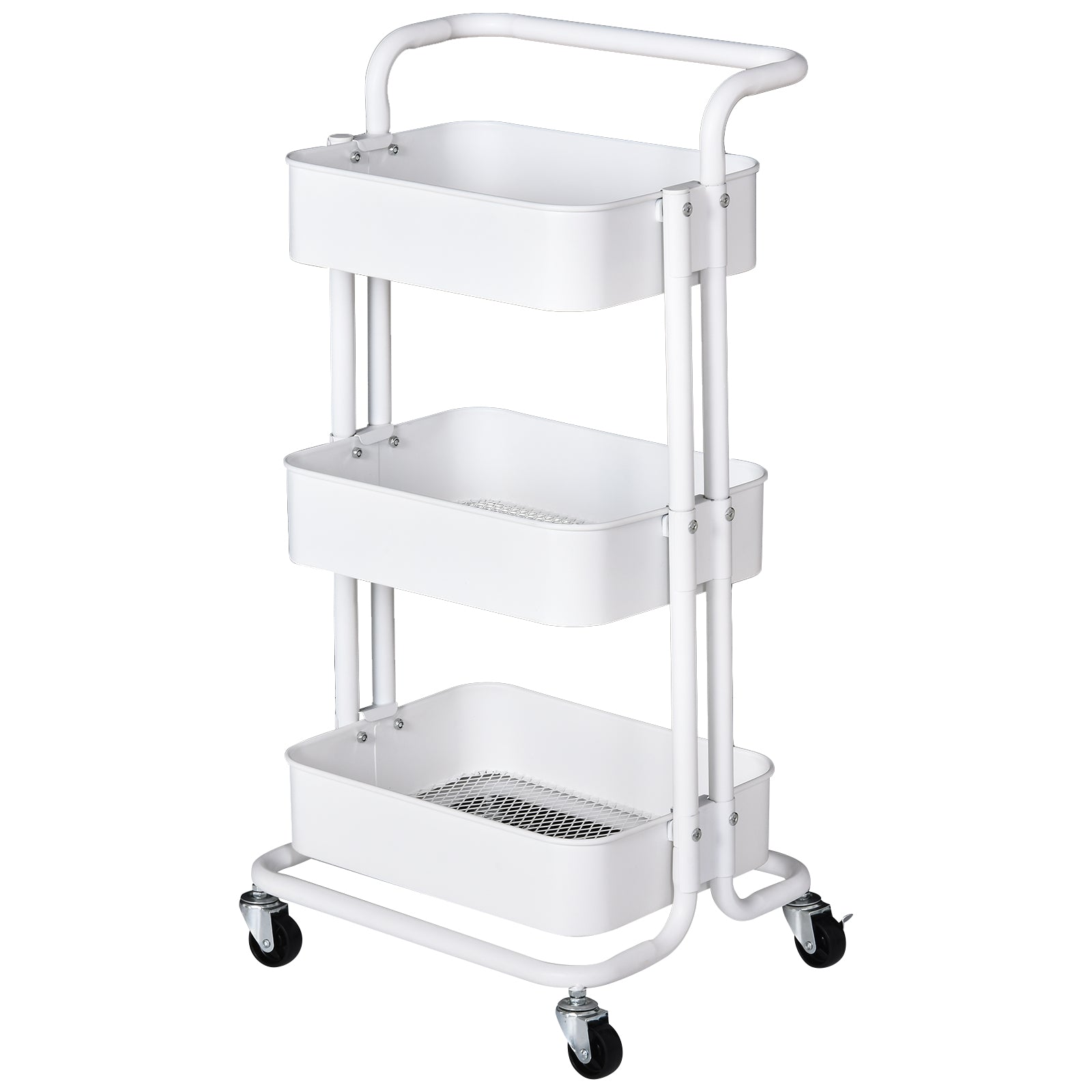 Carrinho Auxiliar de 3 Níveis com Rodas e 3 Prateleiras de Malha Metálica Carga de 20kg Branco 44x36x83cm