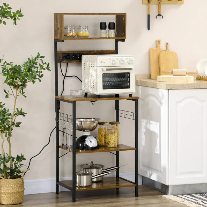 Estante de Cozinha Estante para Micro-Ondas Móvel Auxiliar de Cozinha com Ficha 2 Carregadores USB 5 Ganchos e Prateleira Ajustável 60x42x153 cm Marrom Rústico