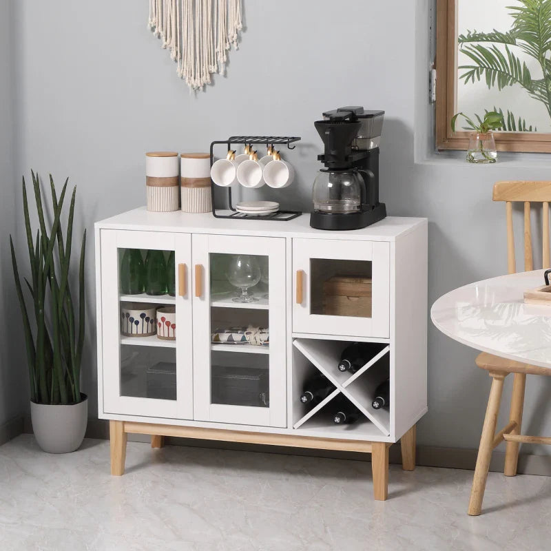 Aparador de Cozinha com 3 Portas de Vidro e Suporte para Garrafas em Forma de X para 4 Garrafas Móvel Buffet Auxiliar para Sala de Jantar Estilo Moderno Anti-Tombo 90x37x75cm Branco