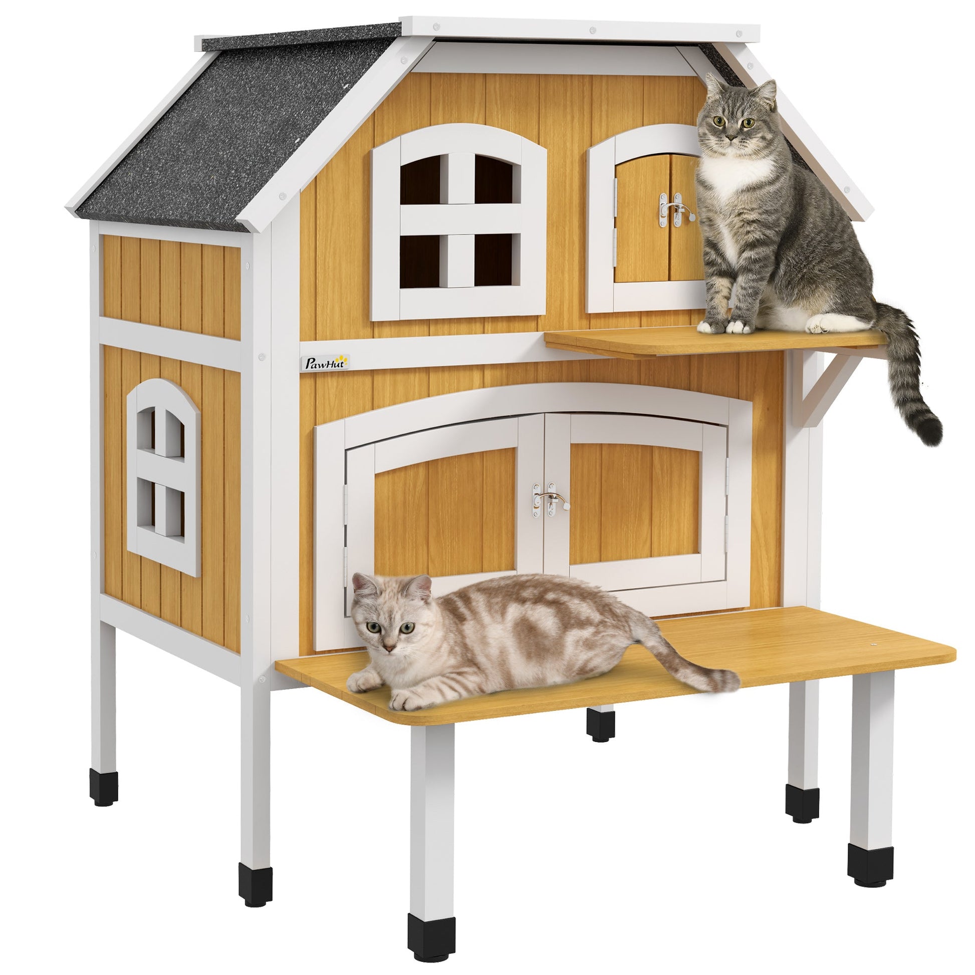 PawHut Casa para Gatos de Madeira 78x82x93 cm Casota para Gatos de 2 Níveis Abrigo para Gatos com Telhado Asfáltico Terraço e Plataforma de Salto Natural