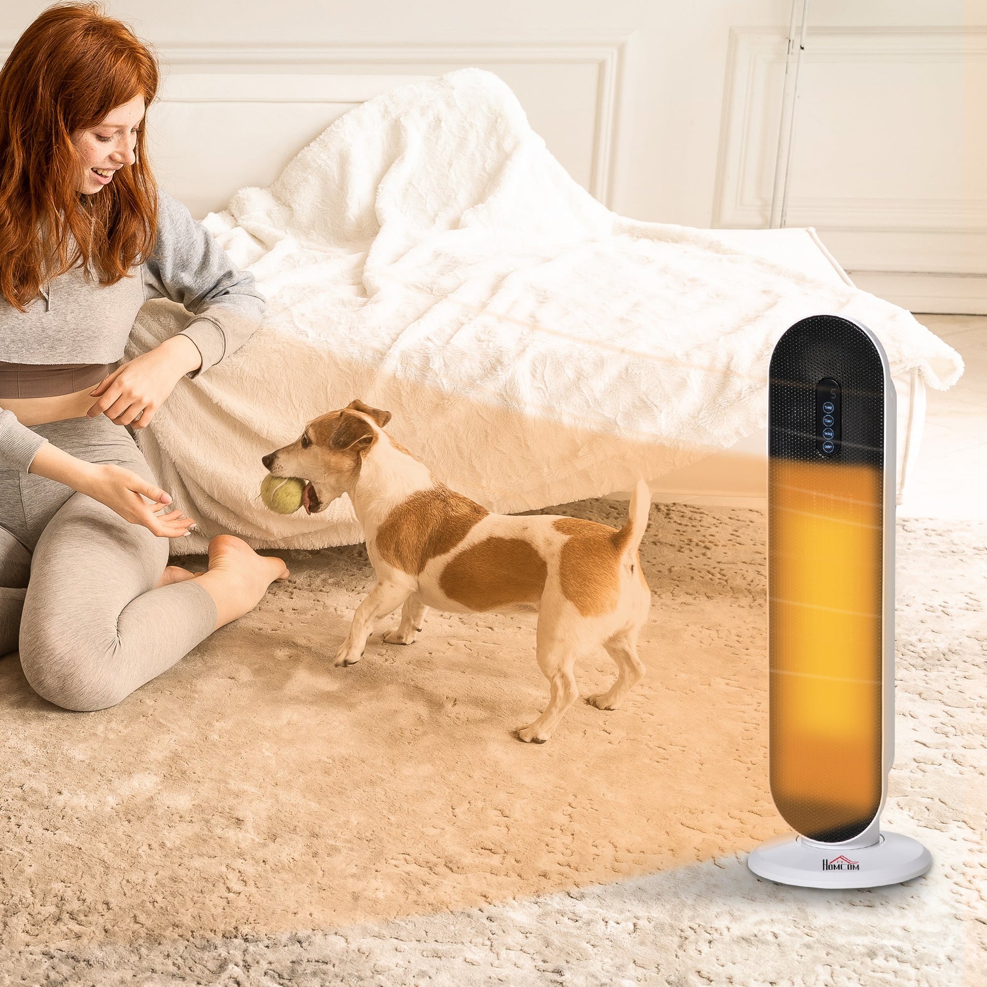 Aquecedor Cerâmico de Torre 1200W/2000W com Controle Remoto Termostato Temporizador de 24h e Sistema Anti-Rolamento para Sala de 20m² 21x21x63,5cm Branco e Preto