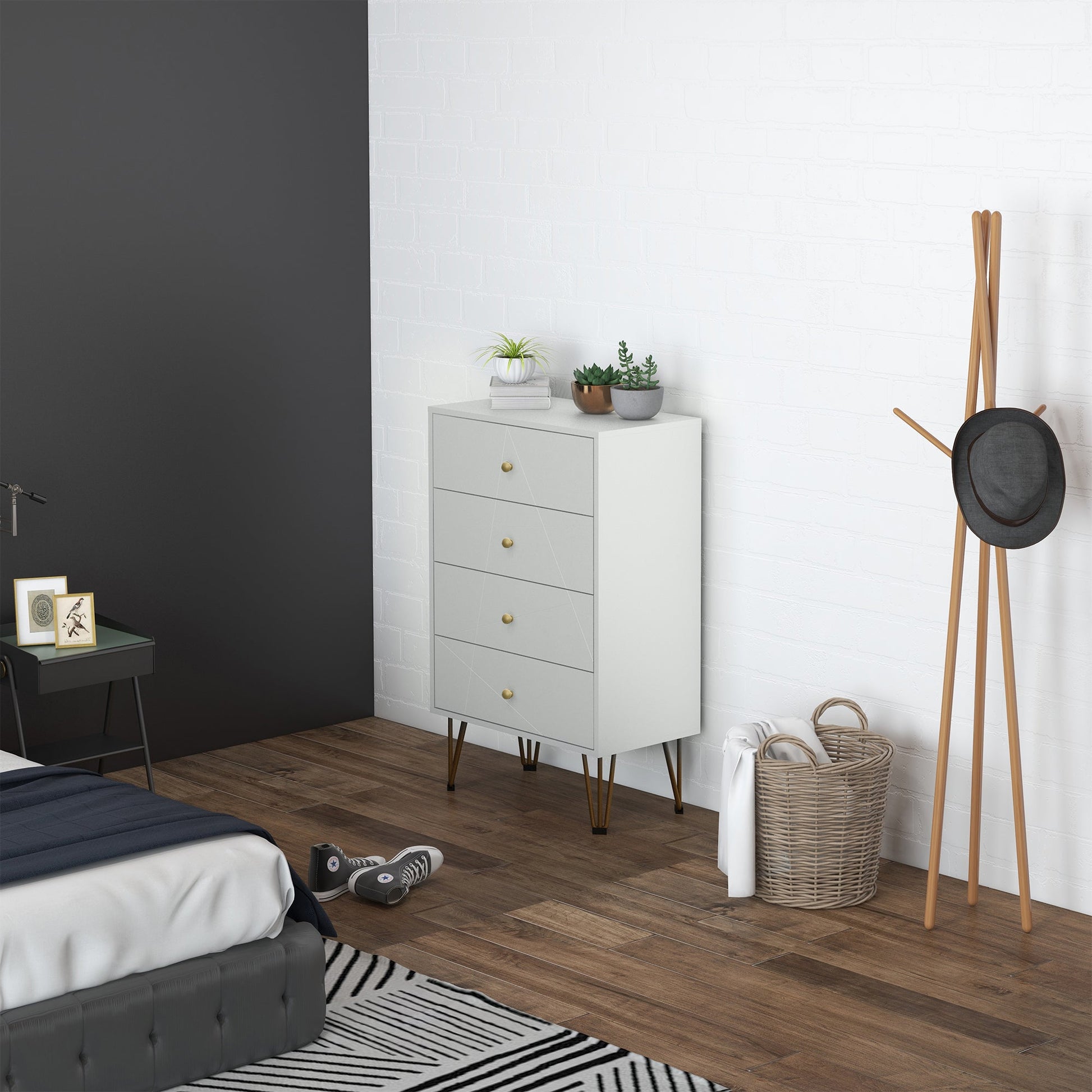Cómoda de Quarto Moderna Cómoda de Madeira com 4 Gavetas e Pés Metálicos Cómoda de Gavetas para Sala Escritório 60x40x100 cm Branco