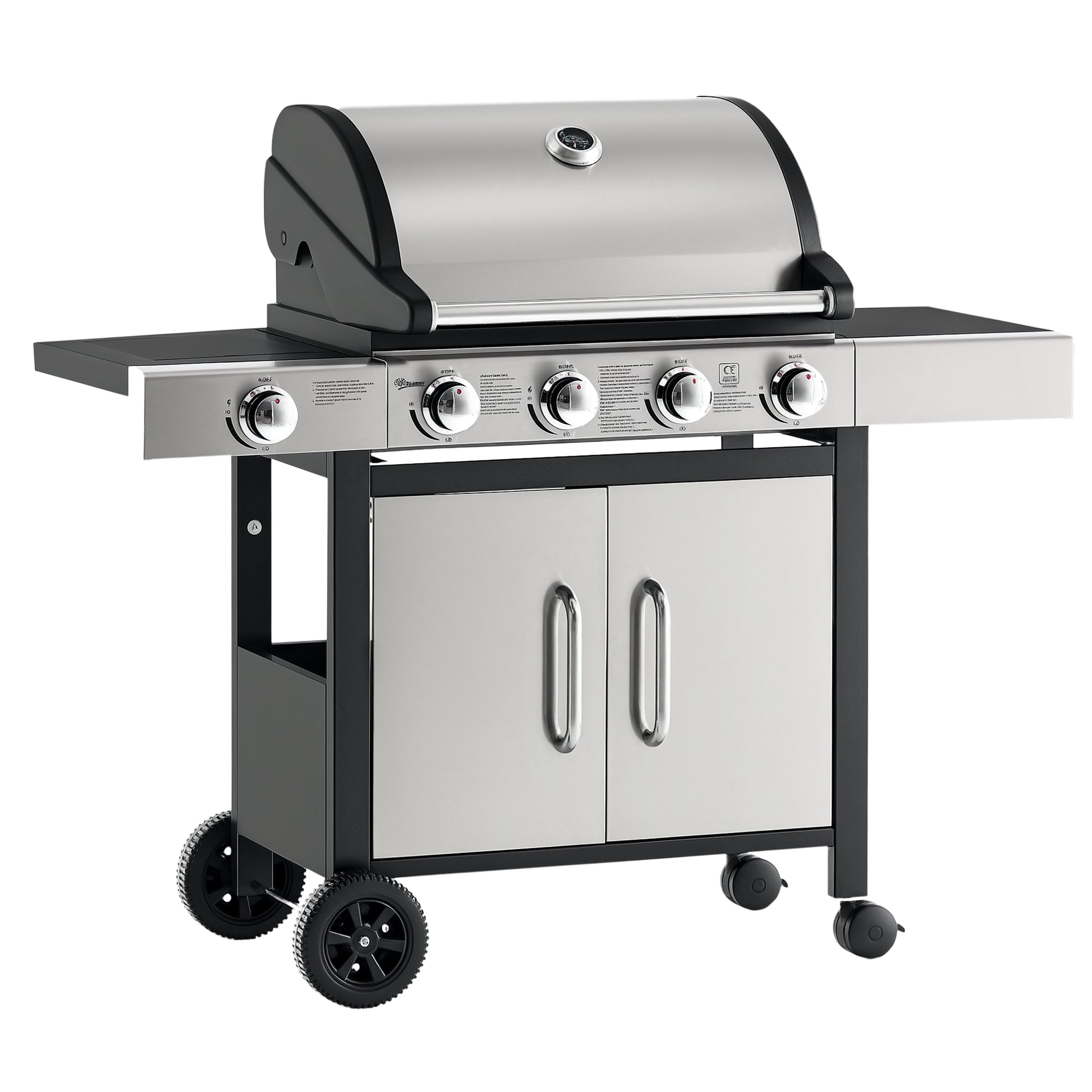 Churrasqueira a Gás com Rodas grelha com 4 + 1 Queimadores 3 KW Mesa Lateral Armário de Armazenamento em Aço Inoxidável 128x50x113 cm Preto Prateado