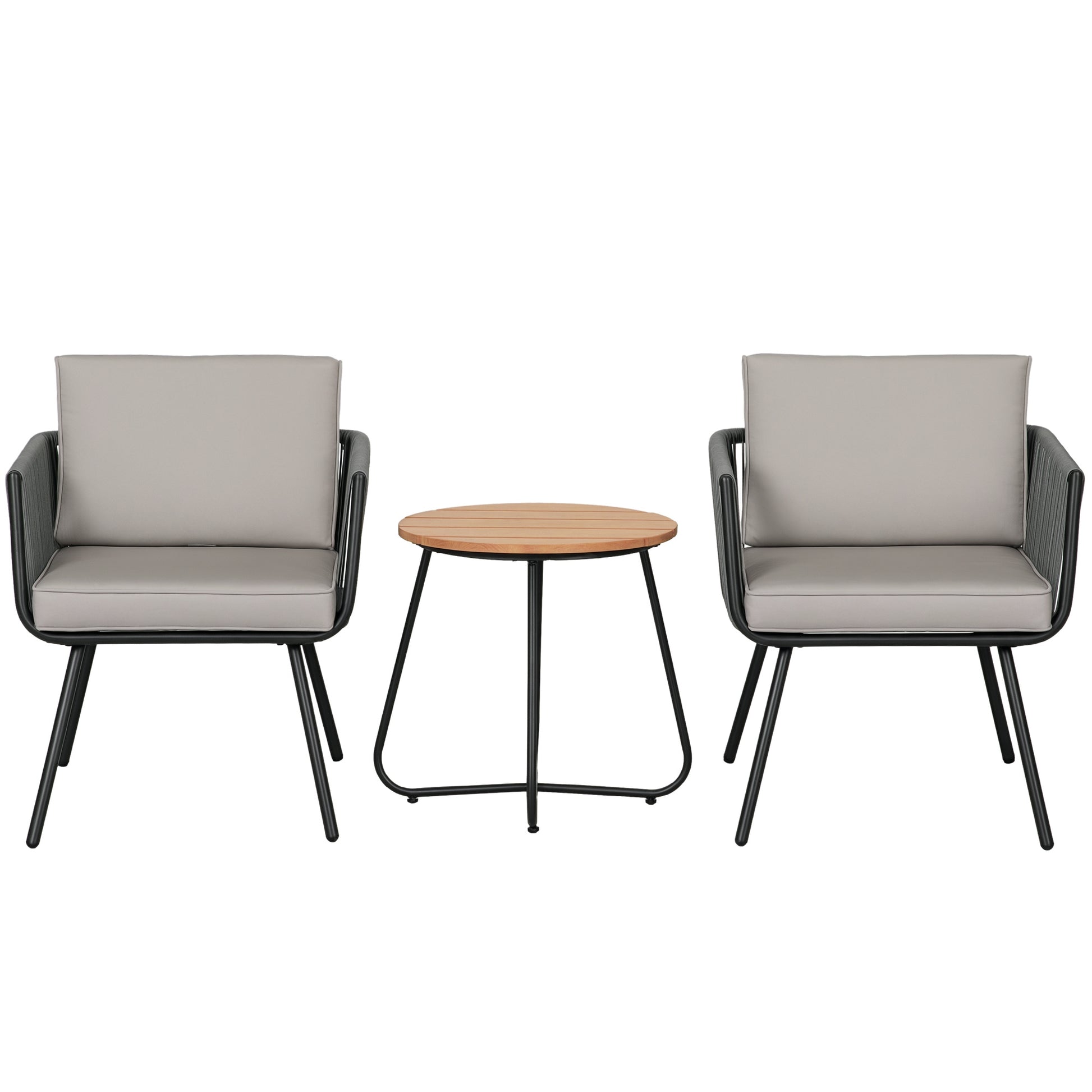 Conjunto de Móveis de Jardim de Vime 3 Peças Conjunto de Móveis de Varanda Incluí 1 Mesa de Centro e 2 Poltronas com Almofadas Acolchoadas Cinza
