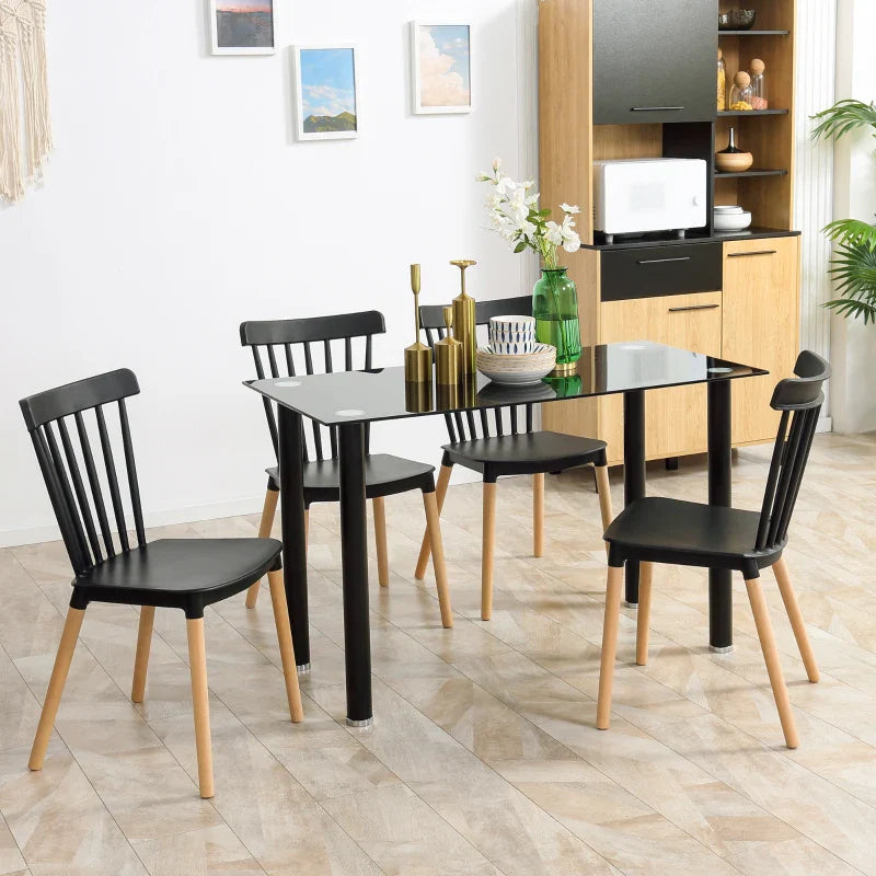 Conjunto de 4 Cadeiras Estilo Nórdico Cadeiras de Cozinha com Encosto Alto Assento de Polipropileno e Pés de Madeira de Faia Carga Máx. 120kg 48x52,5x83cm Preto e Madeira