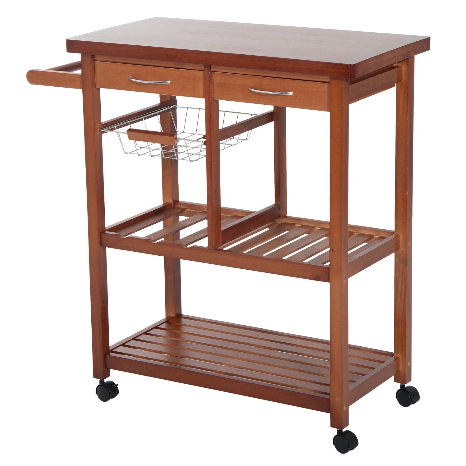 Carrinho de Cozinha Auxiliar Carrinho de Cozinha com Prateleiras Gaveta Suporte para Garrafas e 4 Rodas 85x37x85cm Nogueira