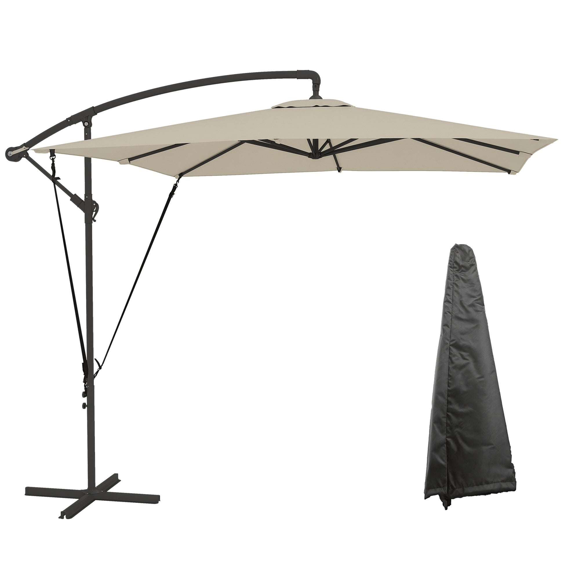 Chapéu de Sol Excêntrico 247x247 cm Chapéu de Sol de Jardim com Base Cruzada Capa Ajustável Manivela Capa Protetora e Corda de Vento Anti-UV 50+ Chapéu de Sol para Varanda Caqui