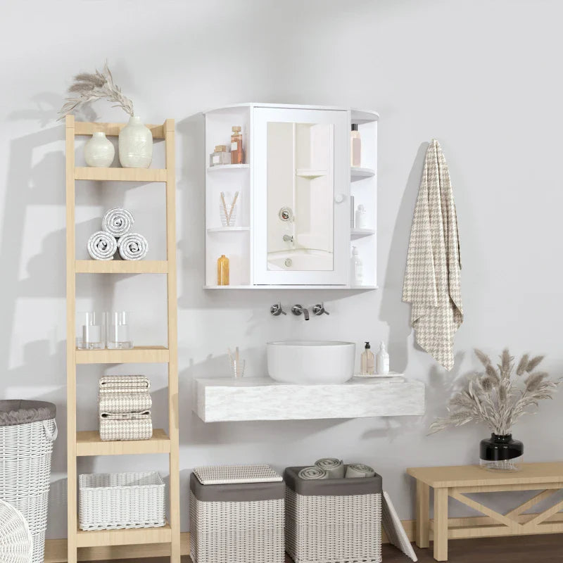 Armário de Casa de Banho com Espelho Móvel Suspenso de Casa de Banho com 1 Porta 2 Prateleiras Interiores e 6 Prateleiras Laterais para Sala de Estar Cozinha Dormitório 66x17x63cm Branco