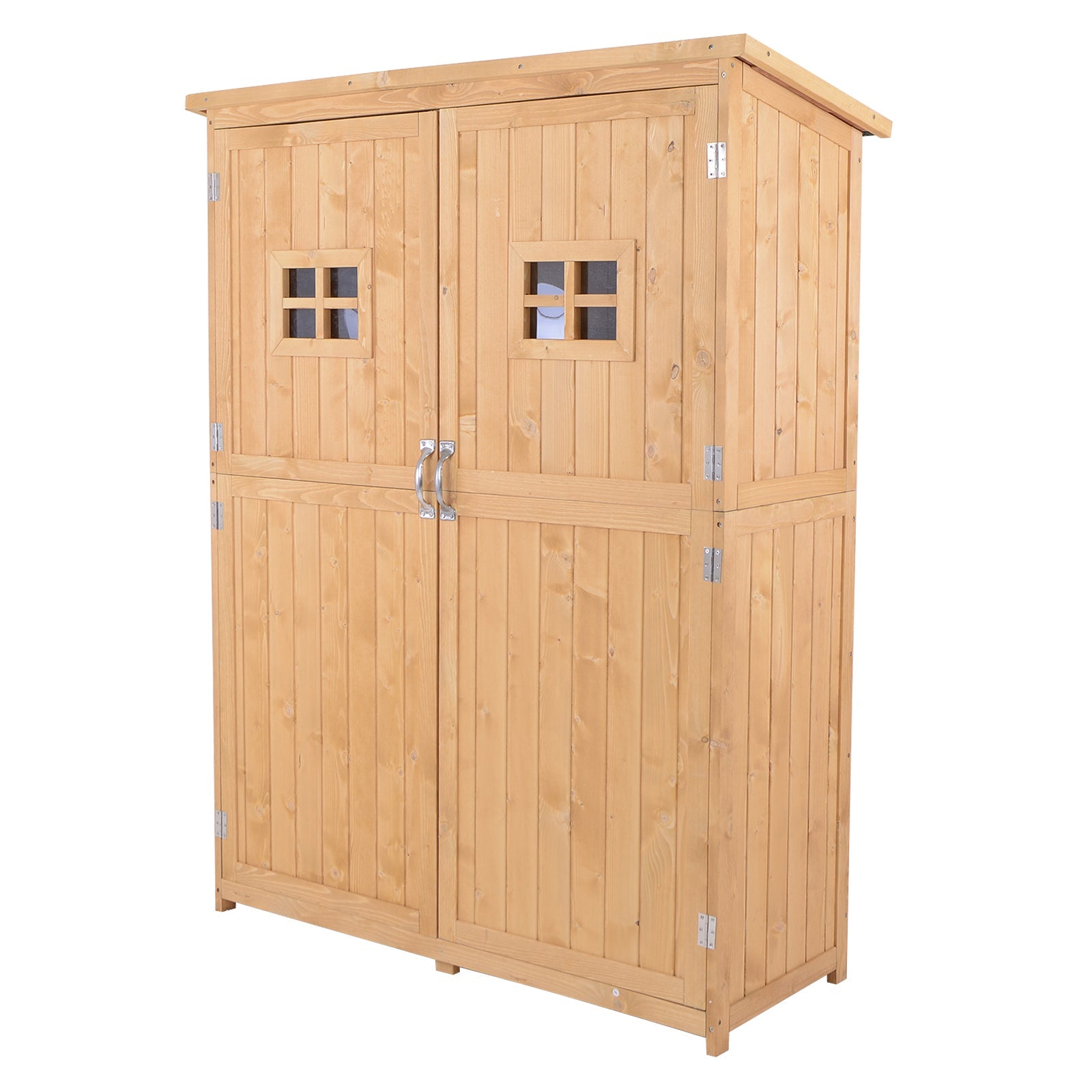 Abrigo de Jardim para Ferramentas Armário de Madeira para Exterior com Prateleira Dupla Porta Janelas e Teto Asfáltico 127,5x50x164cm Madeira