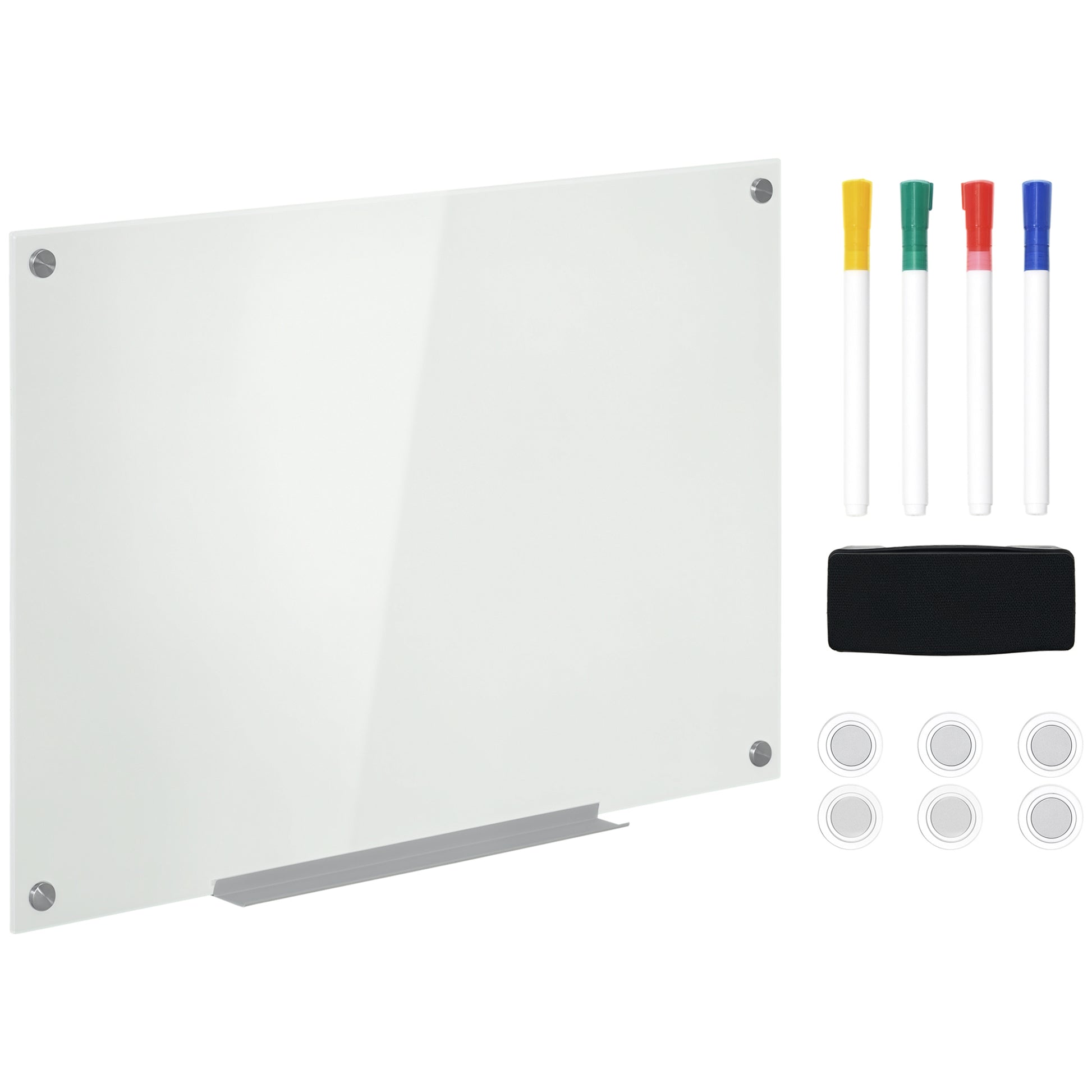 Placa de vidro magnético com bandeja Quadro de parede sem moldura Inclui 4 marcadores e borracha 90x60x0,45 cm Branco