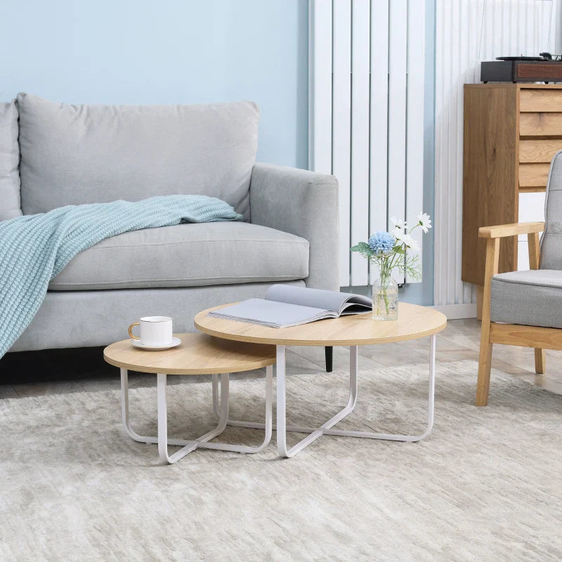 Conjunto de 2 Mesas de Centro Ø65x32cm e Ø45x26cm Mesas de Sala de Estar Redondas com Bancada de Madeira e Pés de Metal para Dormitório Madeira e Branco