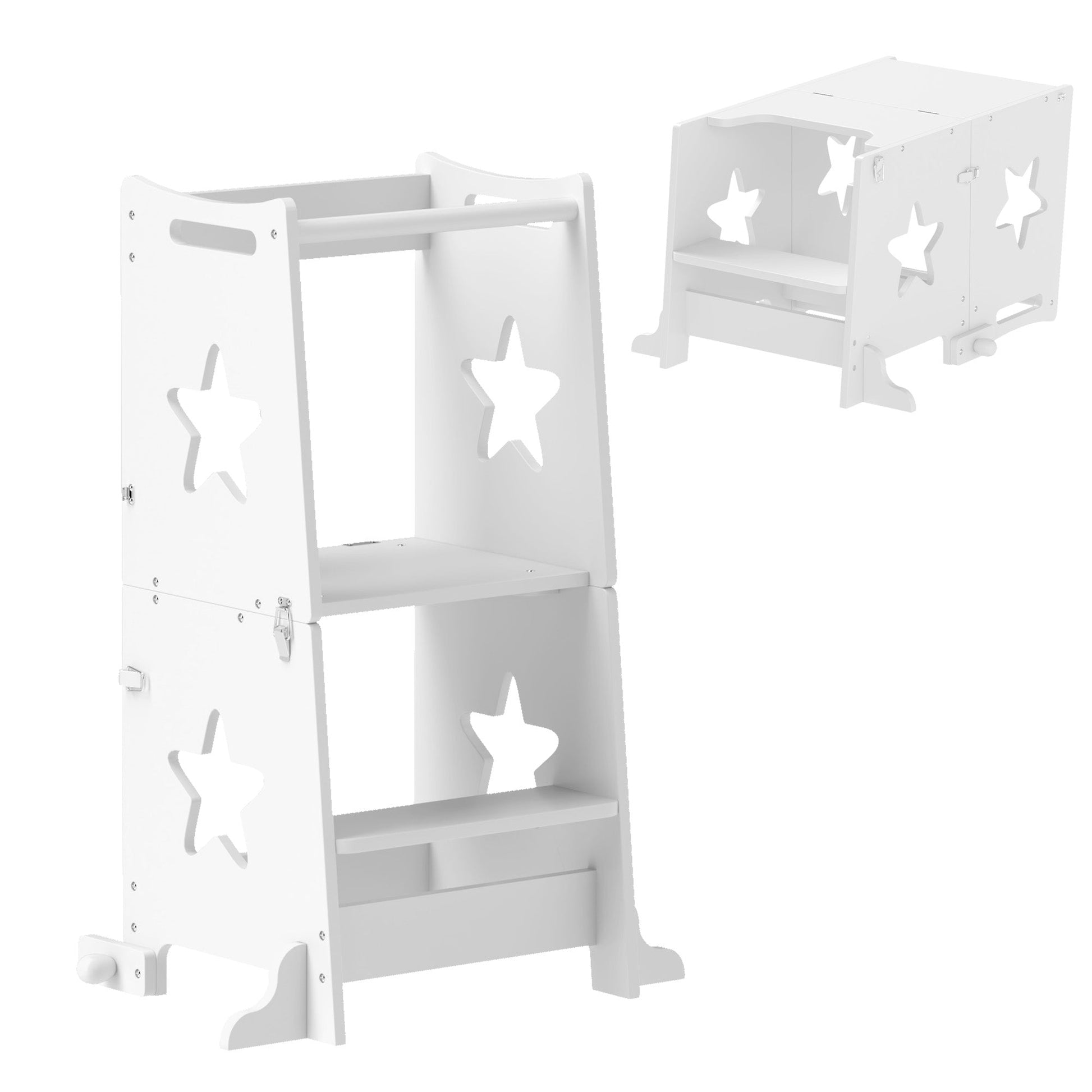 AIYAPLAY Torre de Aprendizagem 2 em 1 Torre de Aprendizagem para Crianças acima de 3 Anos Convertível em Mesa e Cadeira com Barreira de Segurança 60x44,5x86 cm Branco - A minha loja