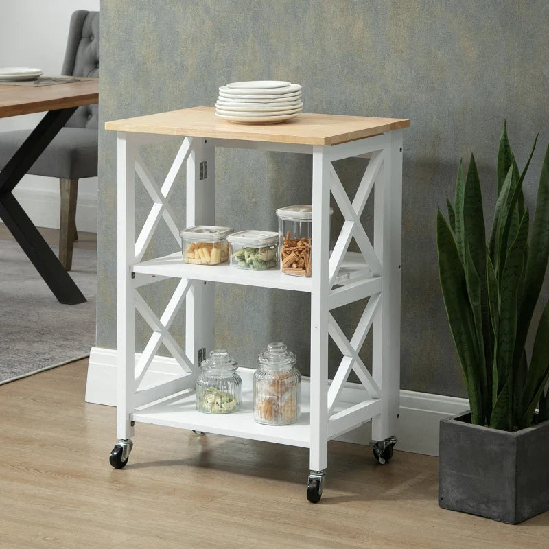 Carrinho de Cozinha Dobrável Carrinho de Serviço com Rodas e Prateleiras de 2 Níveis 60x40x84cm Branco