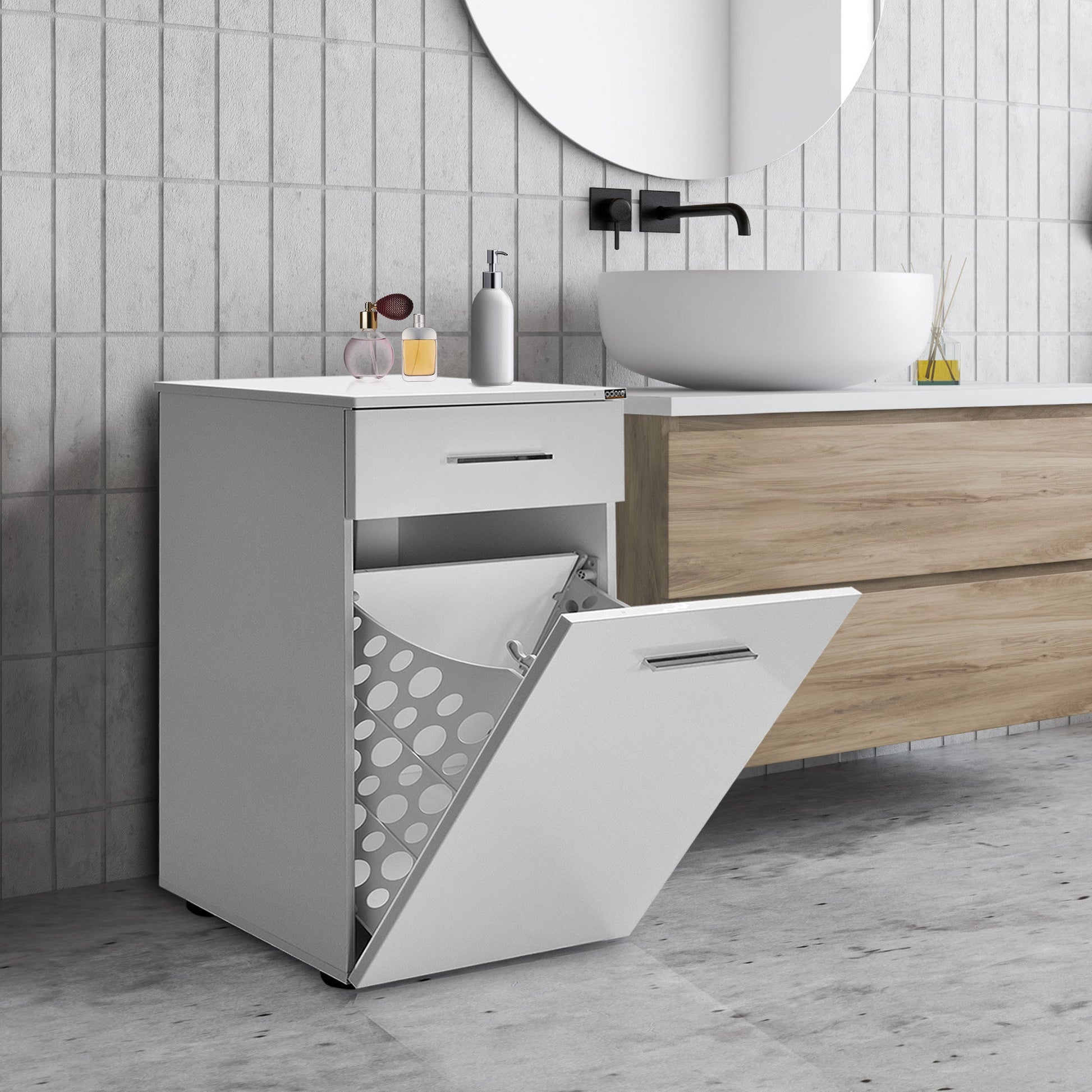 Armário de casa de banho "Lotus" com cesto de roupa - Design Moderno - Branco - 52x83x38cm - A minha loja