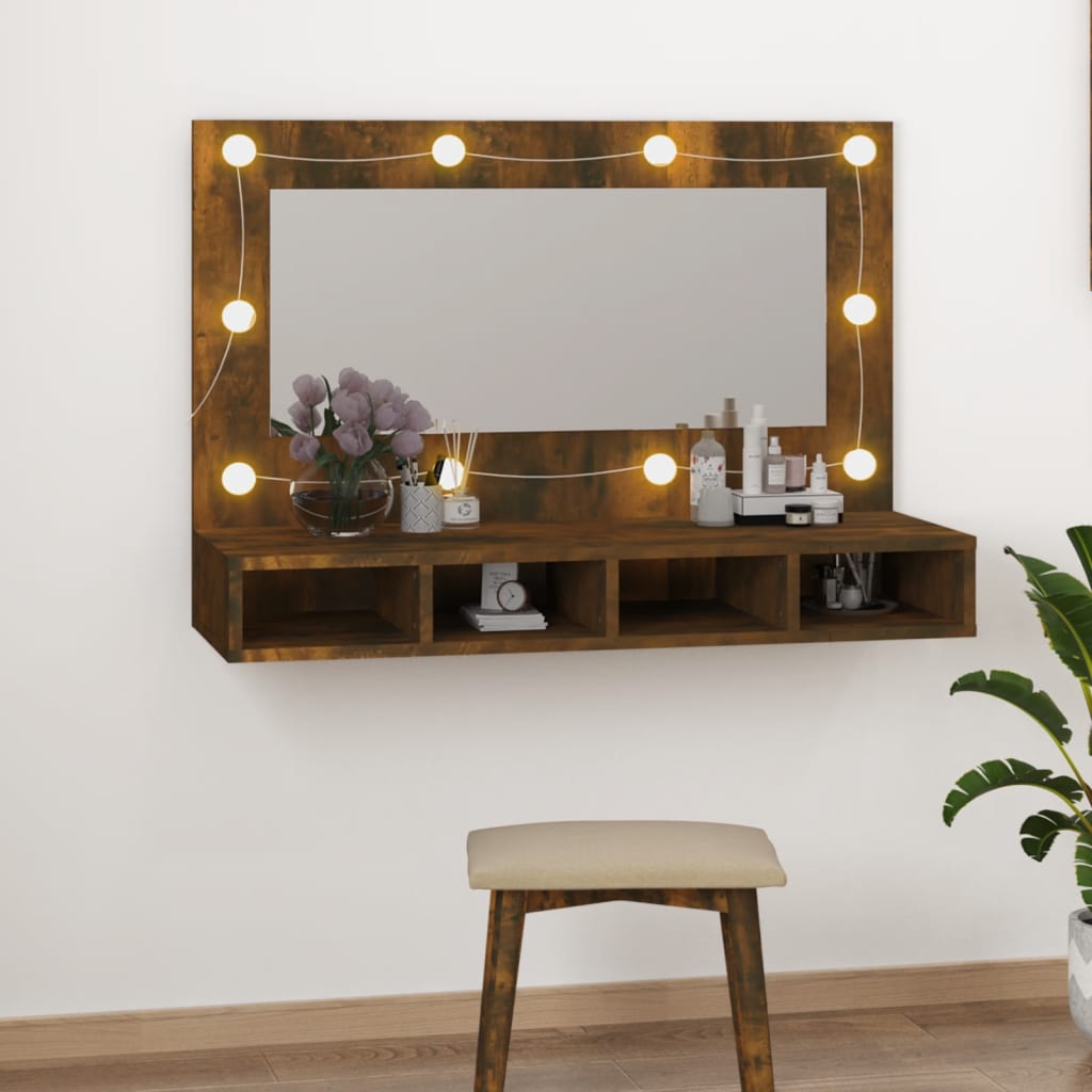 Armário espelhado com LED 90x31,5x62 cm carvalho fumado - A minha loja