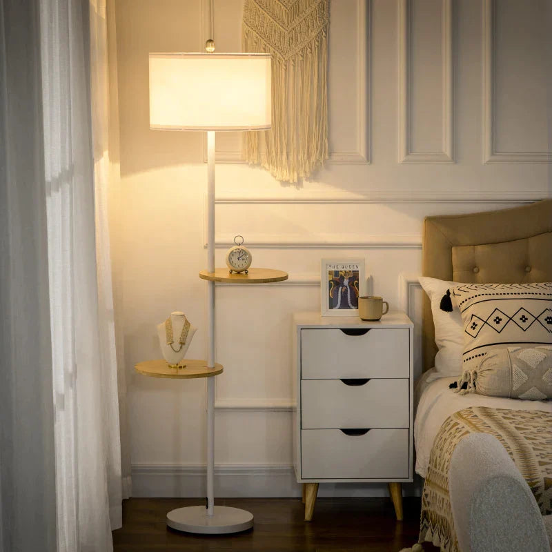 Candeeiro de Pé com Prateleiras Candeeiro de Pé Moderno Lâmpada E27 Máx. 40W com Ecrã de Linho e Interruptor de Pé para Sala de Estar Dormitório Habitação Ø40x163 cm Branco