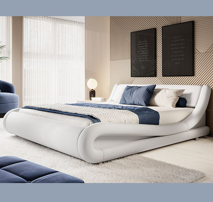 Cama "Lorenzo" - 135x190 cm - Branco - Polipele PU - Somier Incluído - Design Moderno