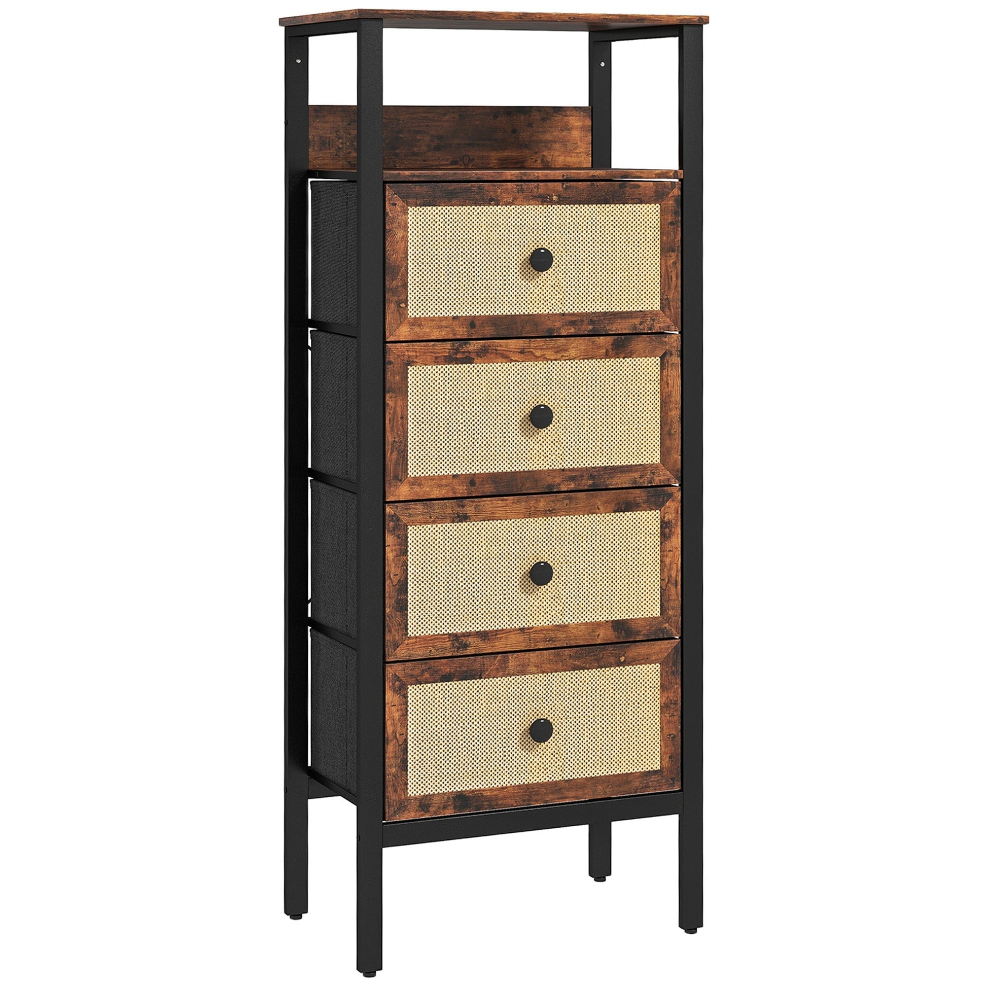 Cómoda "Einar" em Tecido com 4 Gavetas e Prateleira – 50x30x126 cm – Estilo Rústico e Industrial - A minha loja