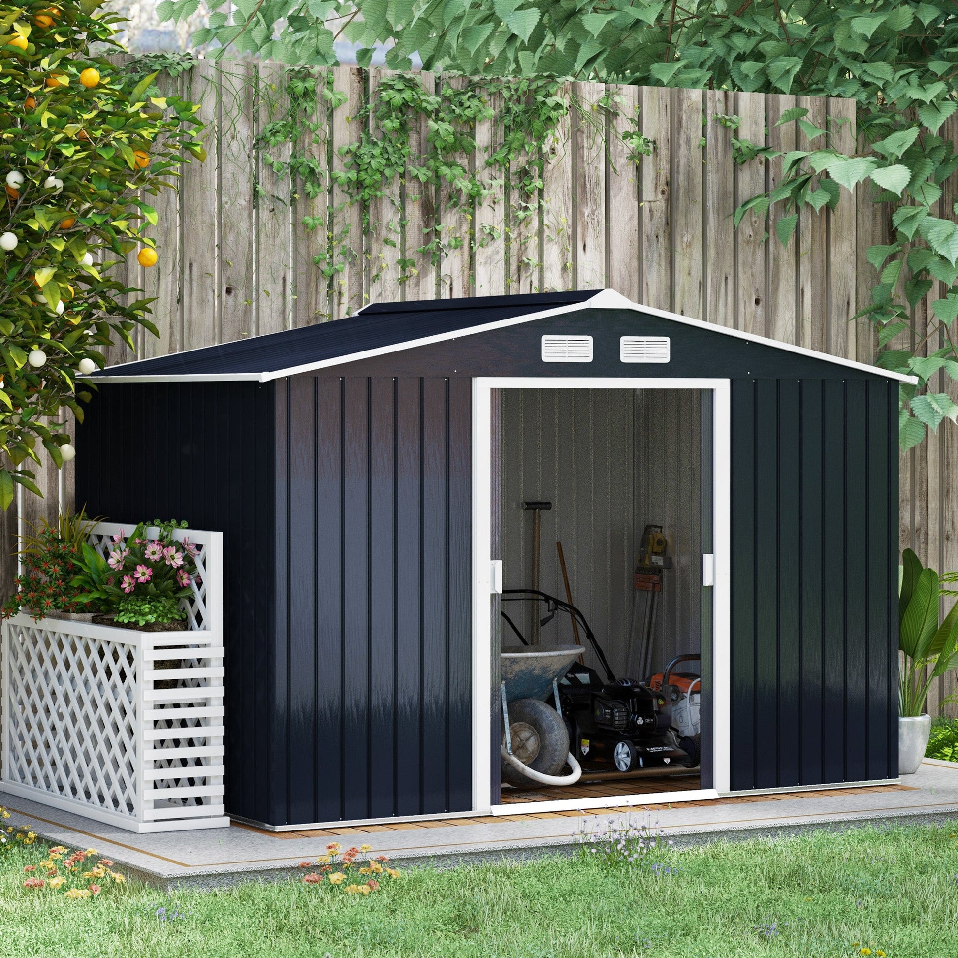 Abrigo de Jardim Exterior Abrigo e Jardim Metálico para Armazenamento de Ferramentas com Base Incluída e 4 Janelas 277x195x192cm Cinza Escuro