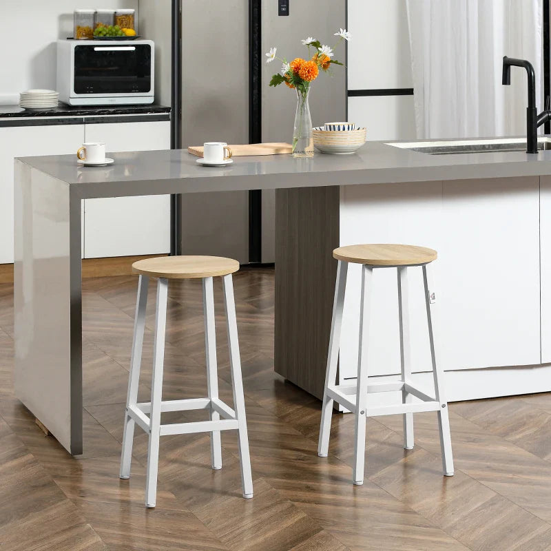 Conjunto de 2 Bancos Altos de Cozinha Bancos de Bar com Pés de Aço e Apoio para os Pés para Sala de Estar Sala de Jantar Carga 75kg 32,5x32,5x65cm Madeira e Branco