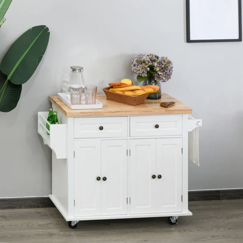 Ilha de Cozinha com Rodas Móvel Auxiliar de Cozinha com 2 Gavetas 4 Portas Suporte para Temperos e Barra Lateral 111x44,5x82,5cm Branco e Madeira