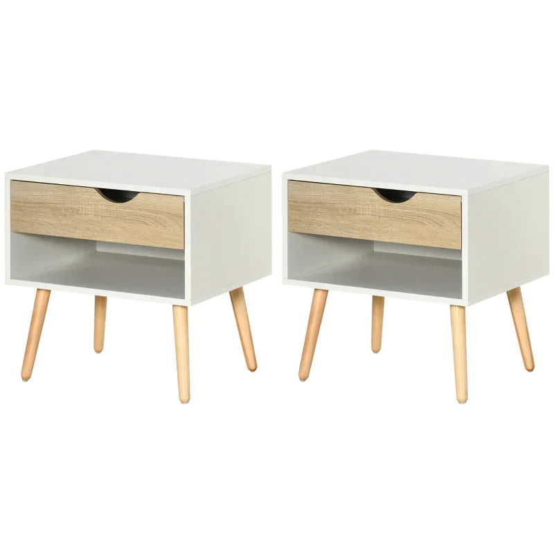 Conjunto de 2 Mesas de Cabeceira Mesa Auxiliar com 1 Gaveta e Prateleira de Armazenamento para Dormitório Sala de Estar Escritório Estilo Moderno 50x39x51cm Branco e Carvalho