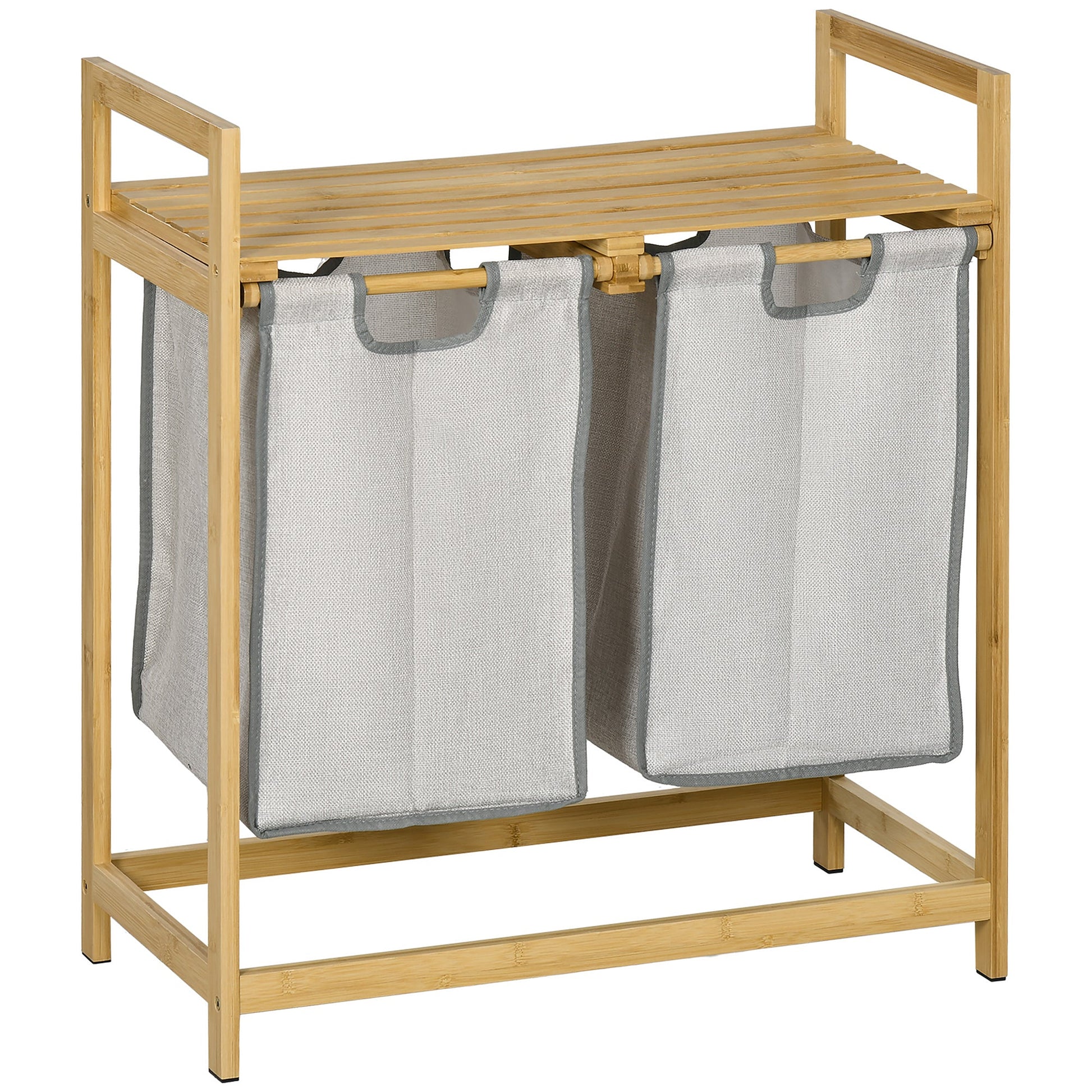 Cesto de Roupa de Bambu Cesto de Roupa Suja com 2 Bolsas Amovíveis e 2 Prateleiras Carga 20 kg 2x40,6L para Casa de Banho Dormitório 64x33x73 cm Madeira