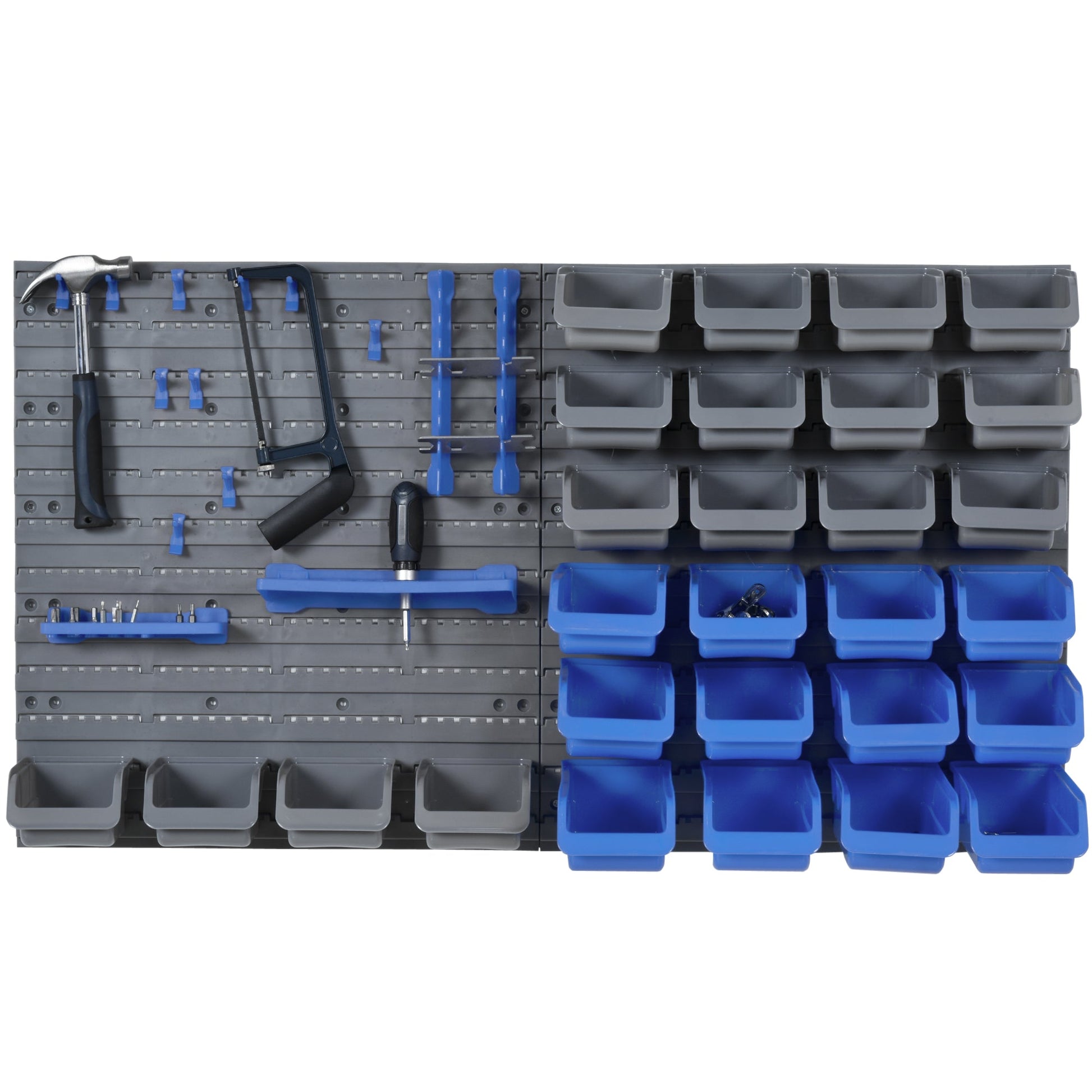 Prateleira de Parede Organizador de Ferramentas de 44 Peças 54x95 cm Prateleiras de Armazenamento com 28 Caixas Empilháveis e Diferentes Ganchos Cinza e Azul