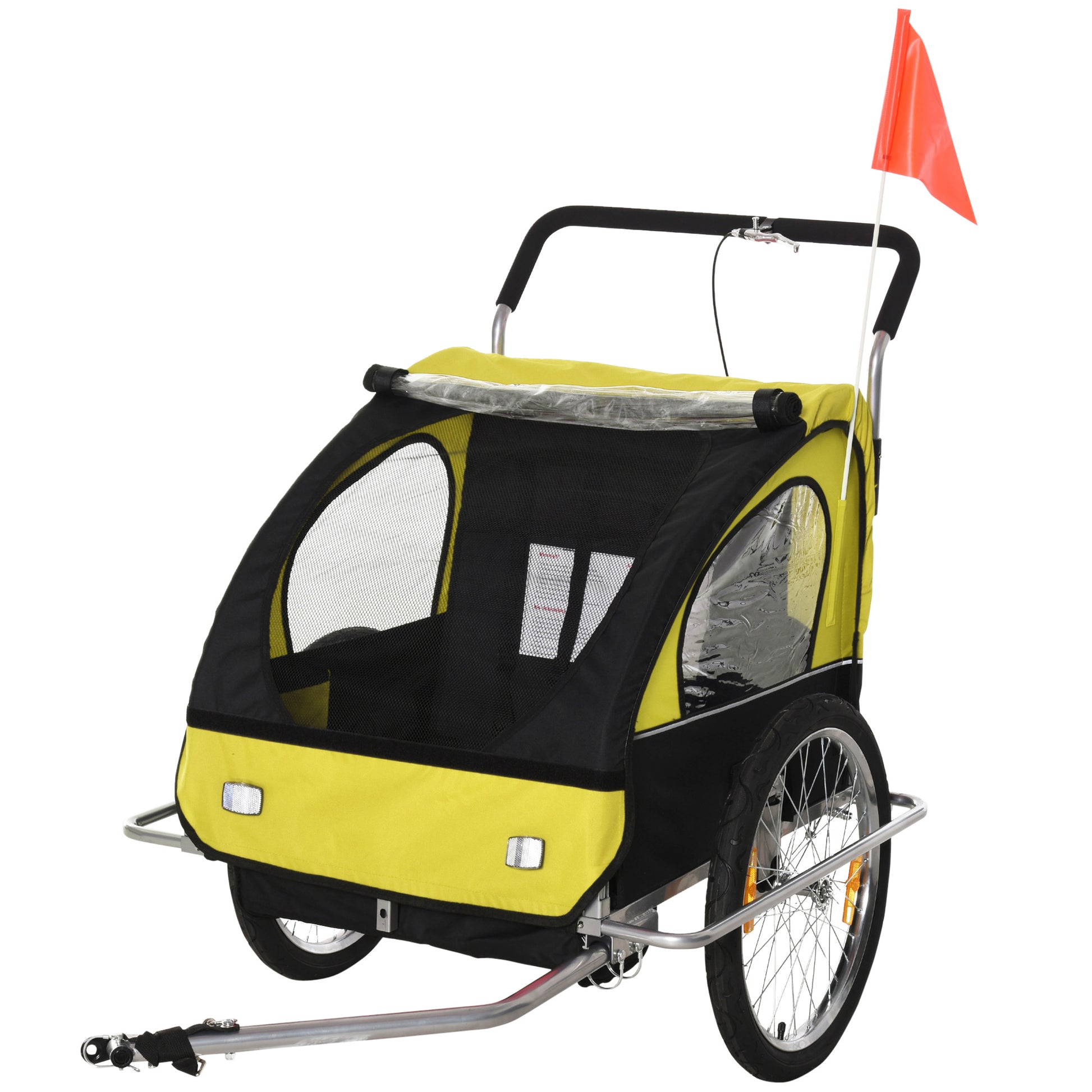 Reboque de Bicicleta 2 EM 1 para crianças de 2 lugares com Amortecedores Convertível em carrinho com barra e kit de corrida 129x85x105cm Amarelo