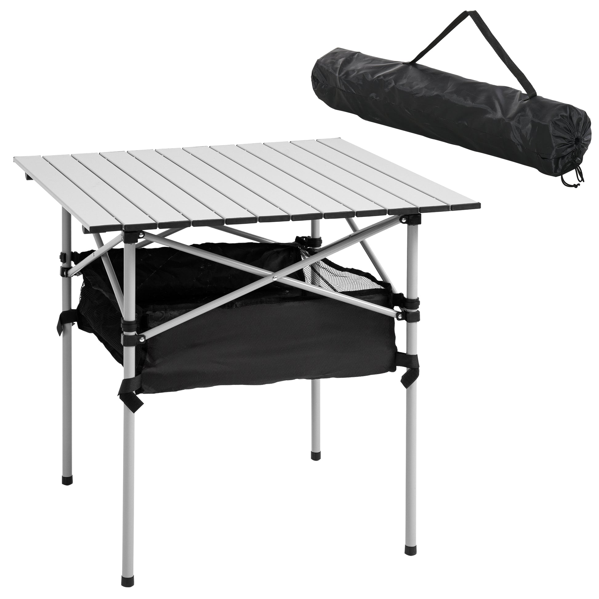 Mesa Dobrável de Campismo Mesa de Piquenique com Armazenamento e Bolsa de Transporte 70x70x69 cm Prata e Preto