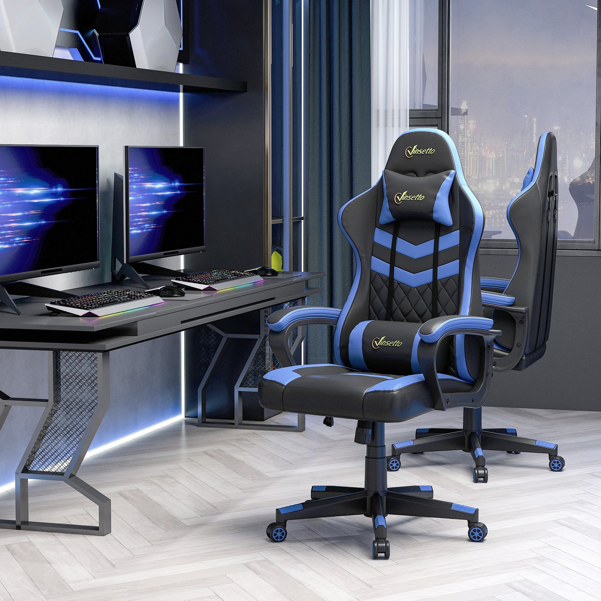 Cadeira Gaming Cadeira de Escritório Ergonómica com Altura Regulável Basculante com Apoio de Cabeça e Almofada Lombar 61x70x121-129 cm Azul