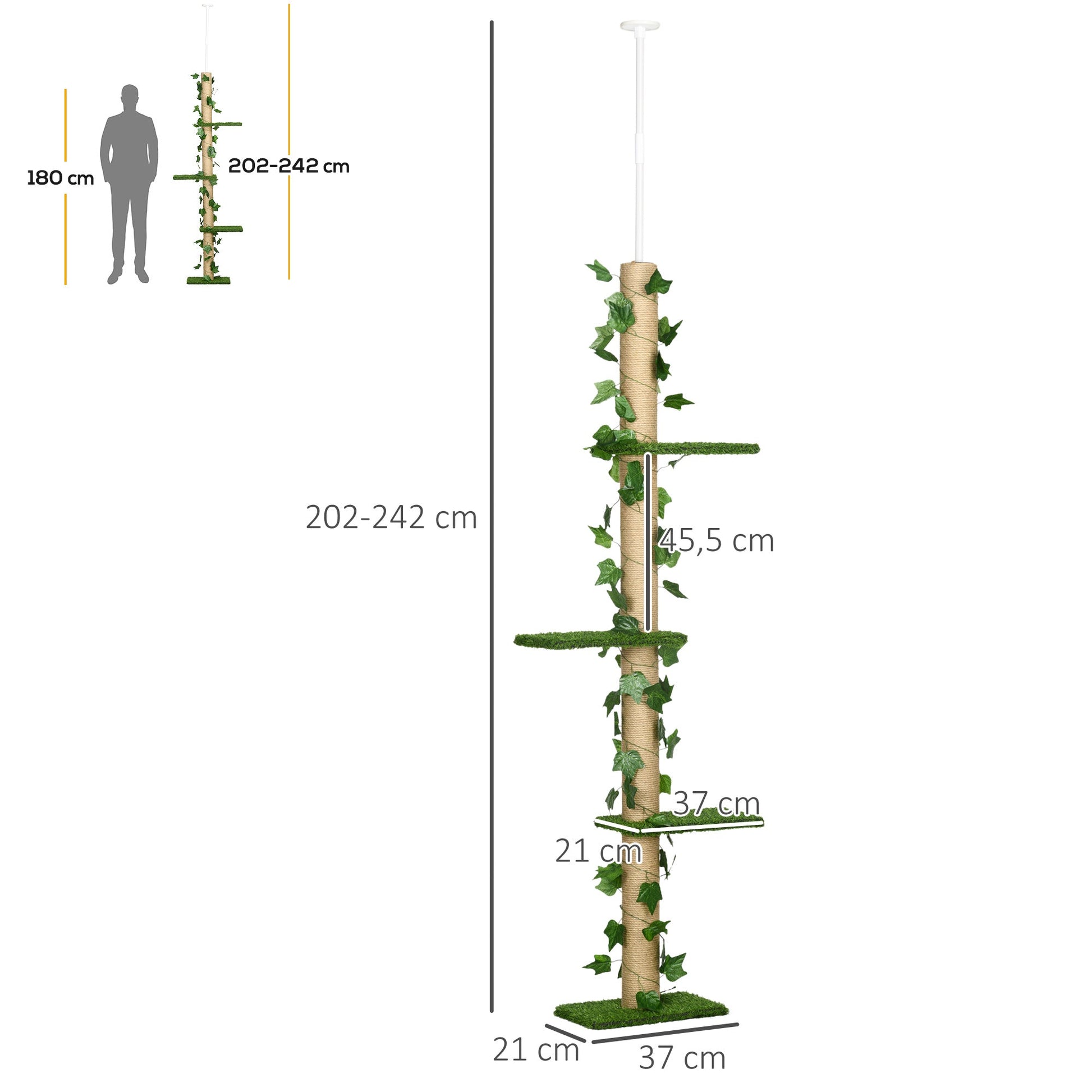 PawHut Árvore para Gatos do Chão ao Teto 37x21x202-242 cm Torre Arranhador para Gatos com Altura Ajustável 4 Plataformas de Relva Artificial Folhas Artificiais e Poste de Juta Verde