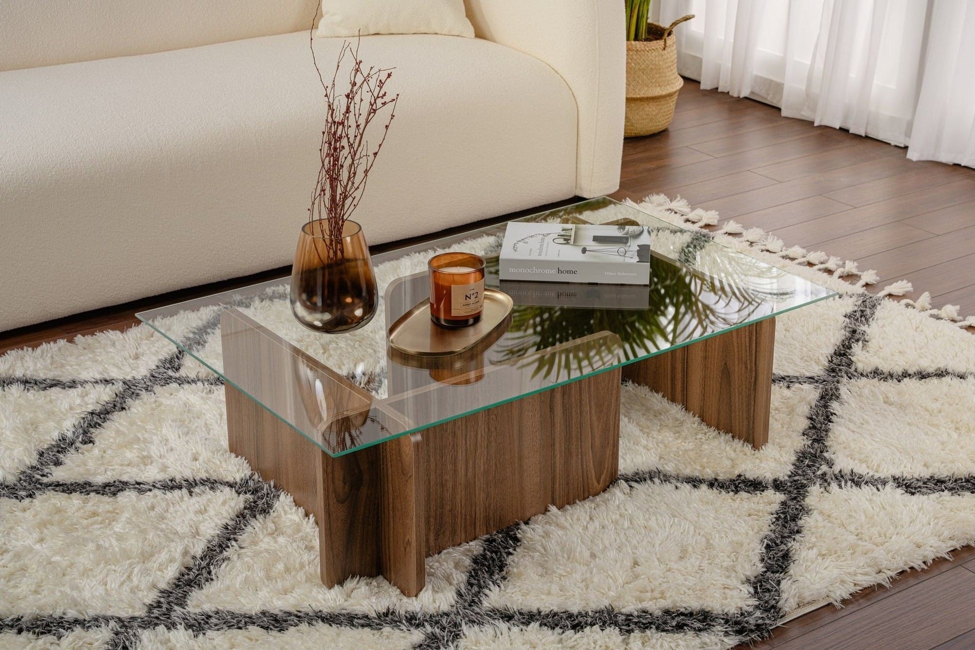Mesa de Centro "Flavio" – Vidro Temperado e Nogueira, 105x65x30 cm, Design Moderno - A minha loja