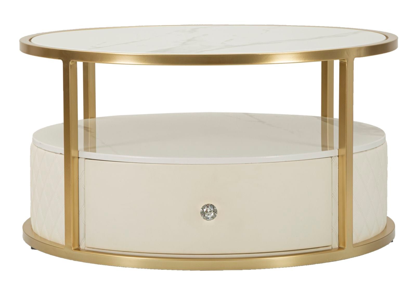Mesa de Centro Sharon - Couro Sintético Branco e Estrutura Dourada - Ø 75 cm x 40 cm - A minha loja