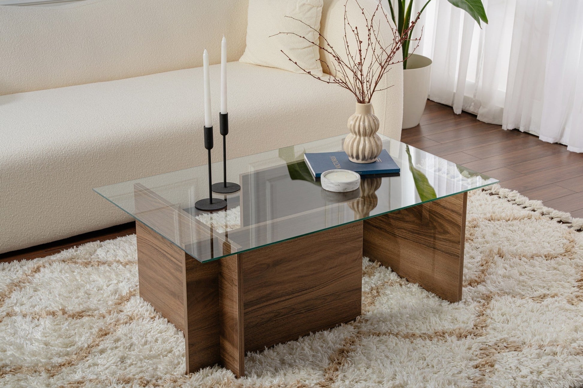 Mesa de Centro "Vetrino" – Vidro Temperado e Nogueira, 105x65x40 cm, Design Moderno - A minha loja