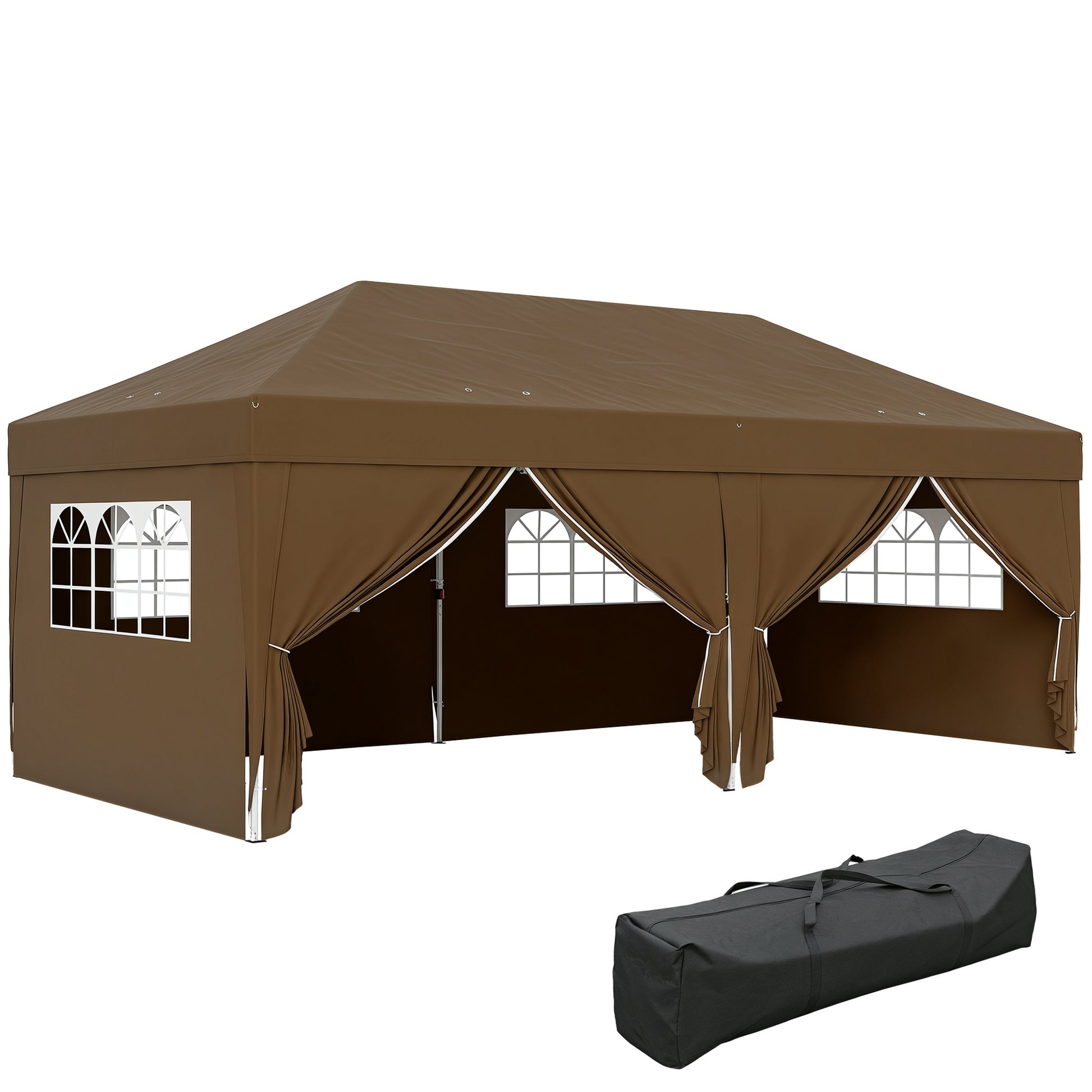 Tenda Dobrável 5,90x2,95 m Tenda de Jardim com 6 Paredes Laterais Impermeável Anti-UV e Bolsa de Transporte Tenda para Campismo Festas Marrom
