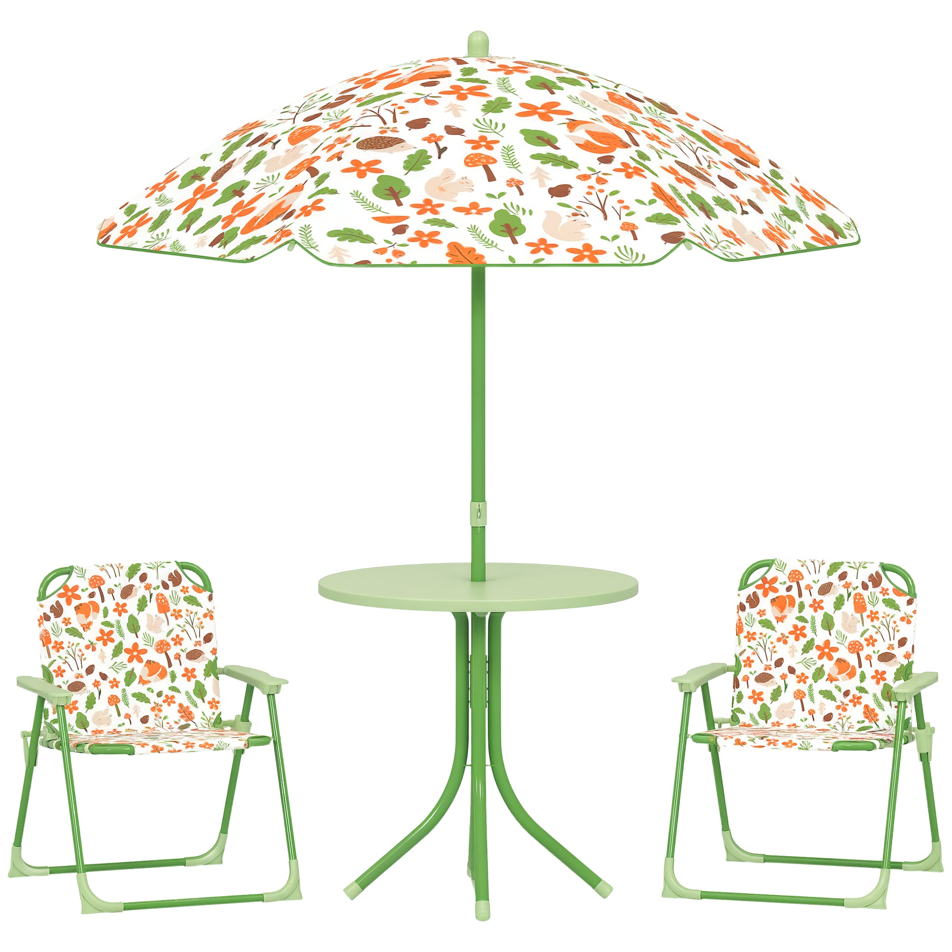 AIYAPLAY Conjunto de Mesa e Cadeiras para Crianças de Jardim Mesa Infantil com Cadeiras Dobráveis Chapéu de Sol Ajustável e Desenho de Raposas para Pátio Piquenique Verde