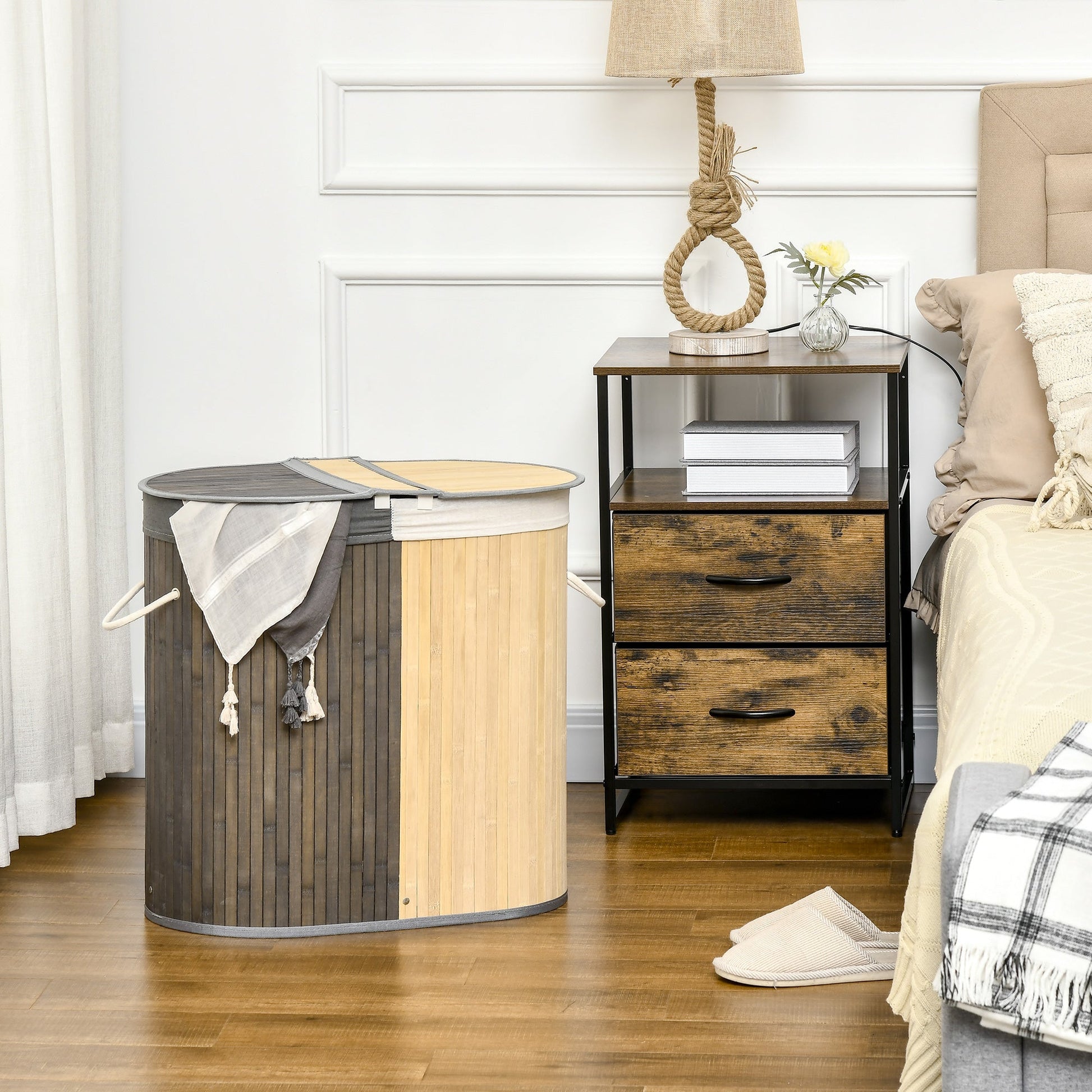 Cesto de Roupa Suja de Bambu Capacidade de 100L Cesto para Roupa Suja com Tampa Rebatível e Bolsa com 2 Compartimentos Amovível 62,5x37x60,5cm Cinza e Madeira