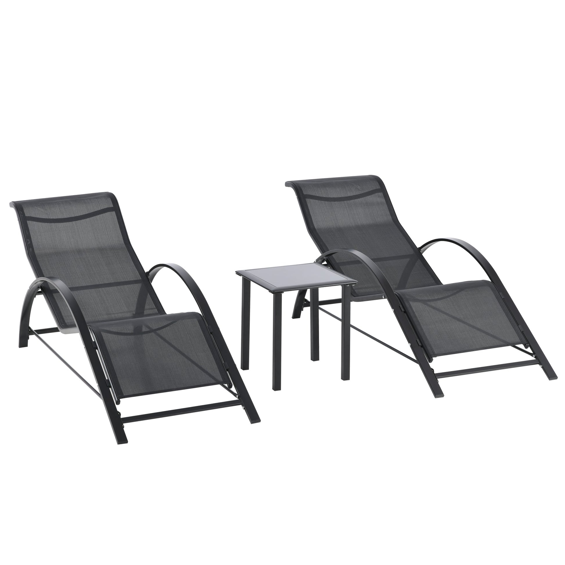 Outsunny 2 Espreguiçadeiras de Jardim 59x169x66 cm com Mesa 41x41x45 cm Vidro Temperado Apoio de Braços para Pátio Piscina Varanda Exterior Preto - A minha loja