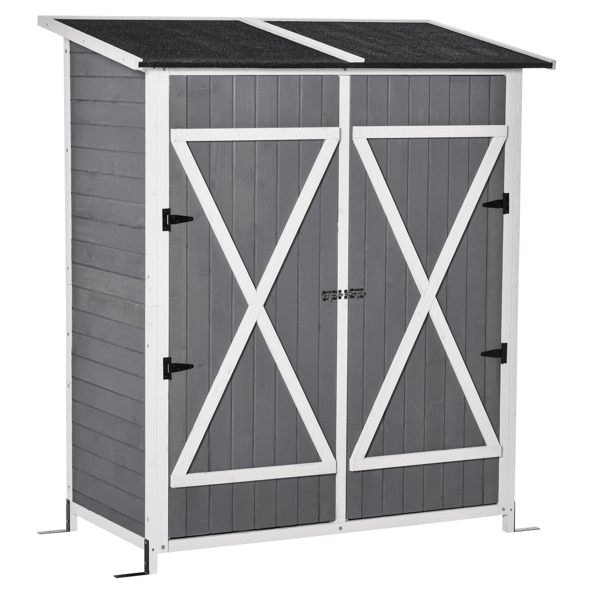 Outsunny Abrigo de Jardim de Madeira 139x75x160cm Armário para Armazenamento de Ferramentas com Prateleira Móvel e Ganchos Cinza - A minha loja