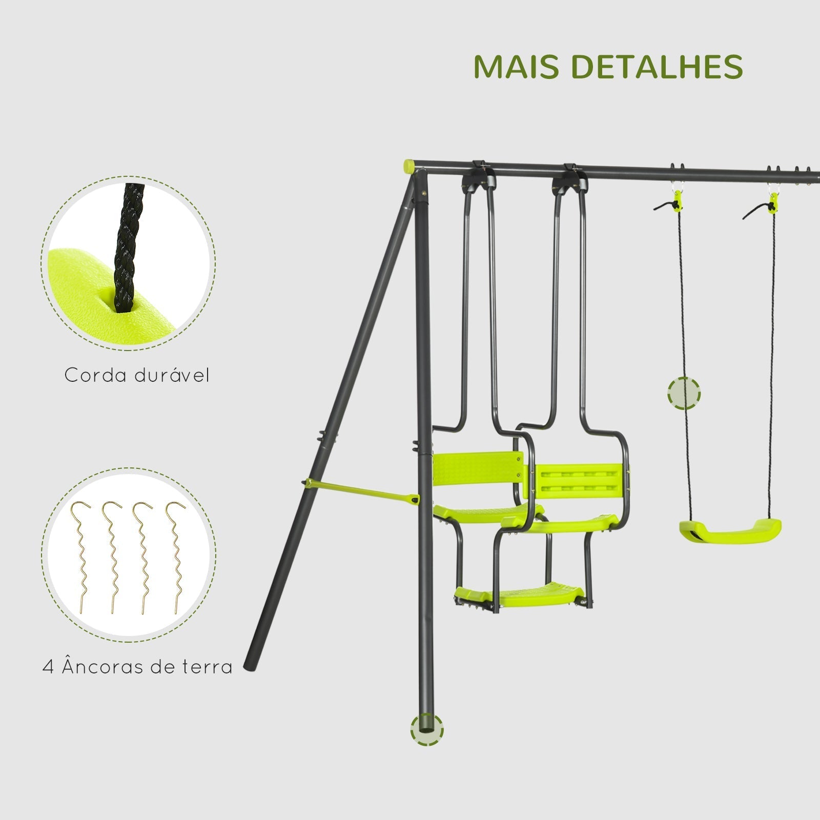 Outsunny Conjunto de Baloiços Infantil com 2 Baloiços Baloiço Duplo e Estrutura de Aço Baloiços para Crianças de 3 - 8 Anos 355x184x186 cm Verde - A minha loja