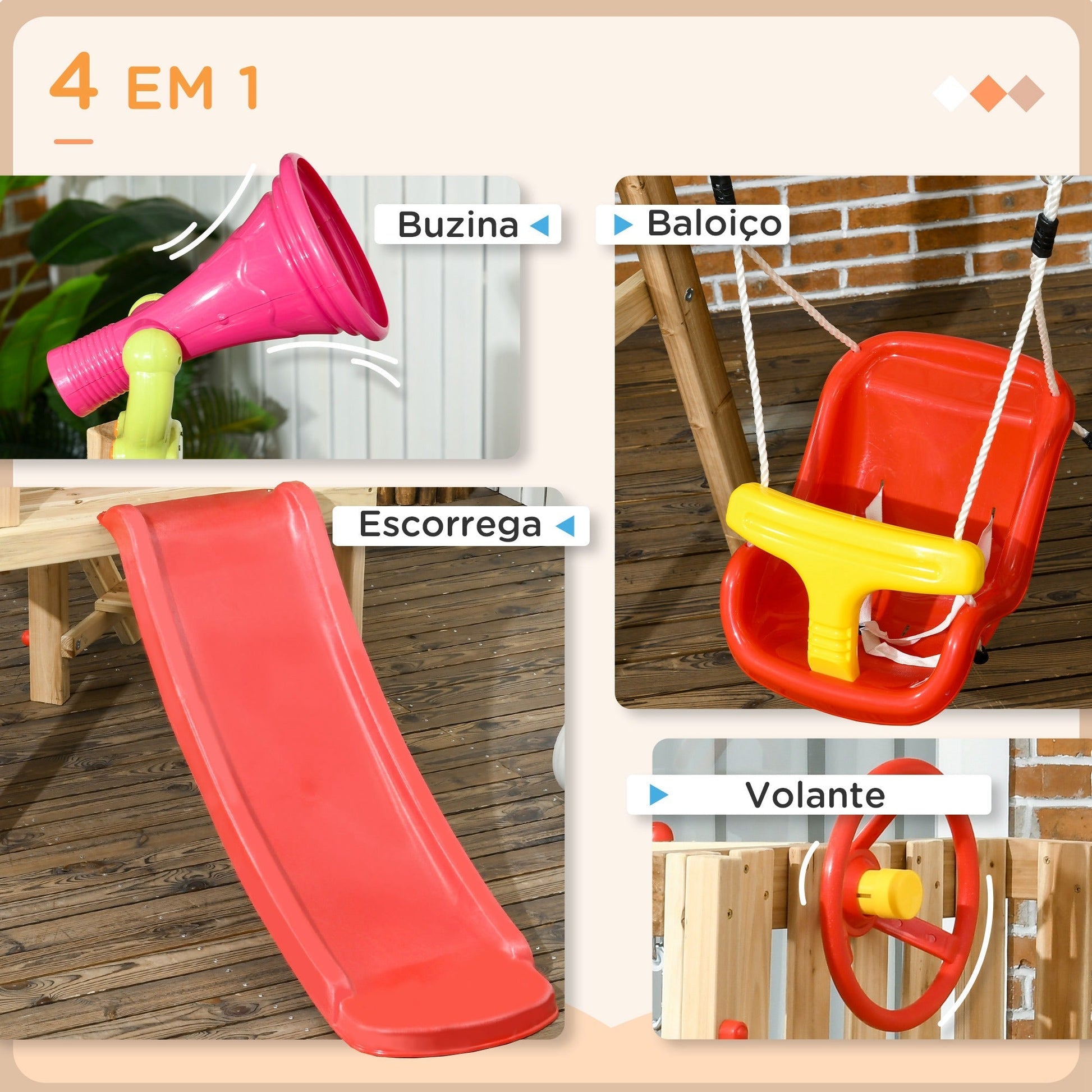 Outsunny Conjunto de Escorrega e Baloiço para Crianças de 18 - 48 Meses 4 em 1 Parque Infantil de Madeira com Baloiço Escorrega Volante Buzina para Pátio Relvado 170x200x118 cm Vermelho e Natural - A minha loja