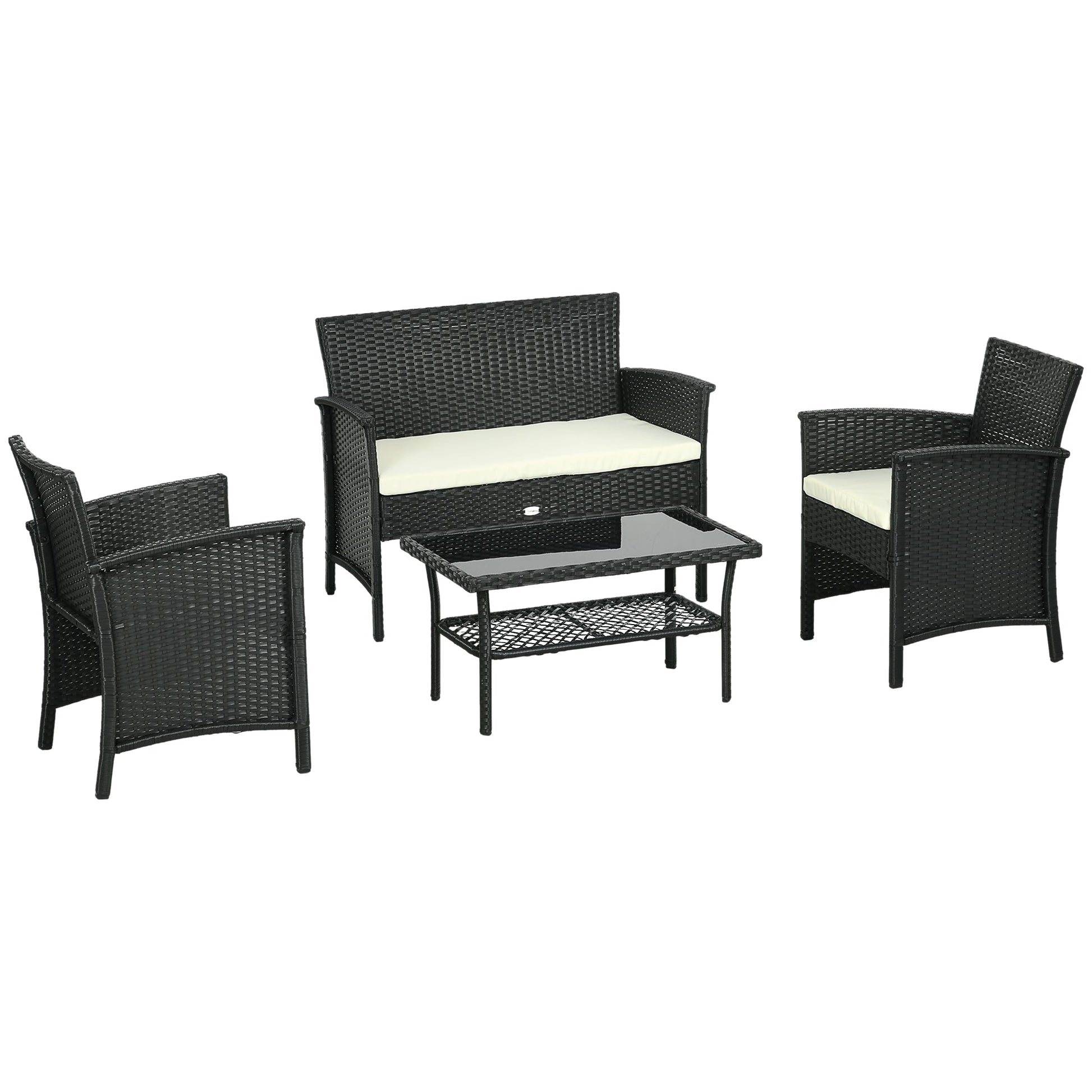 Outsunny Conjunto de Jardim de Vime Sintético Conjunto de 4 Peças Móveis de Jardim com 2 Poltronas 1 Sofá Duplo 1 Mesa de Centro com Tampo de Vidro e Almofadas Preto e Creme - A minha loja