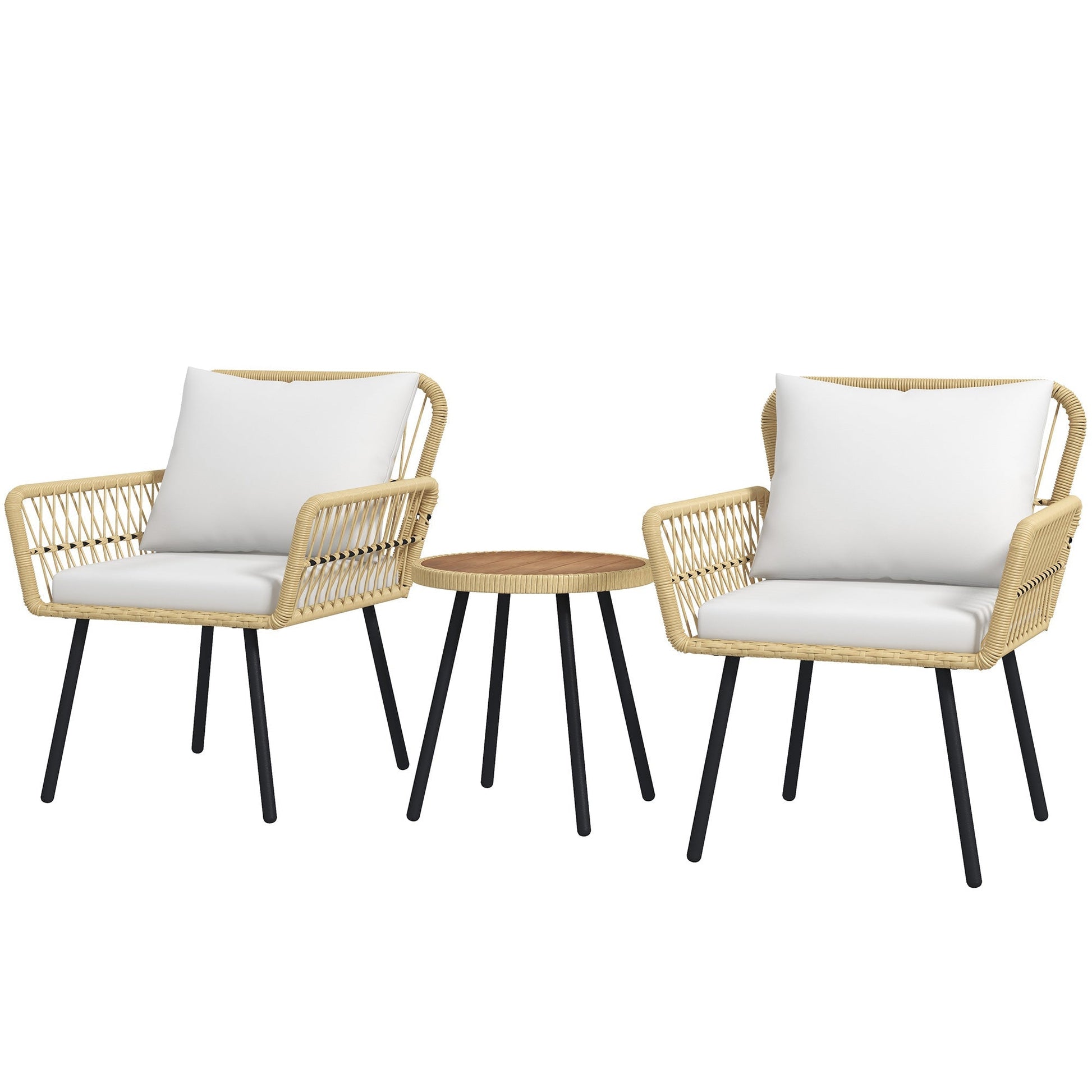 Outsunny Conjunto de Mesa e Poltronas para Jardim Exterior Jogo de 3 Peças de Vime com 2 Poltronas 1 Mesa de Centro Redonda e Almofadas para Terraço Varanda Natural - A minha loja