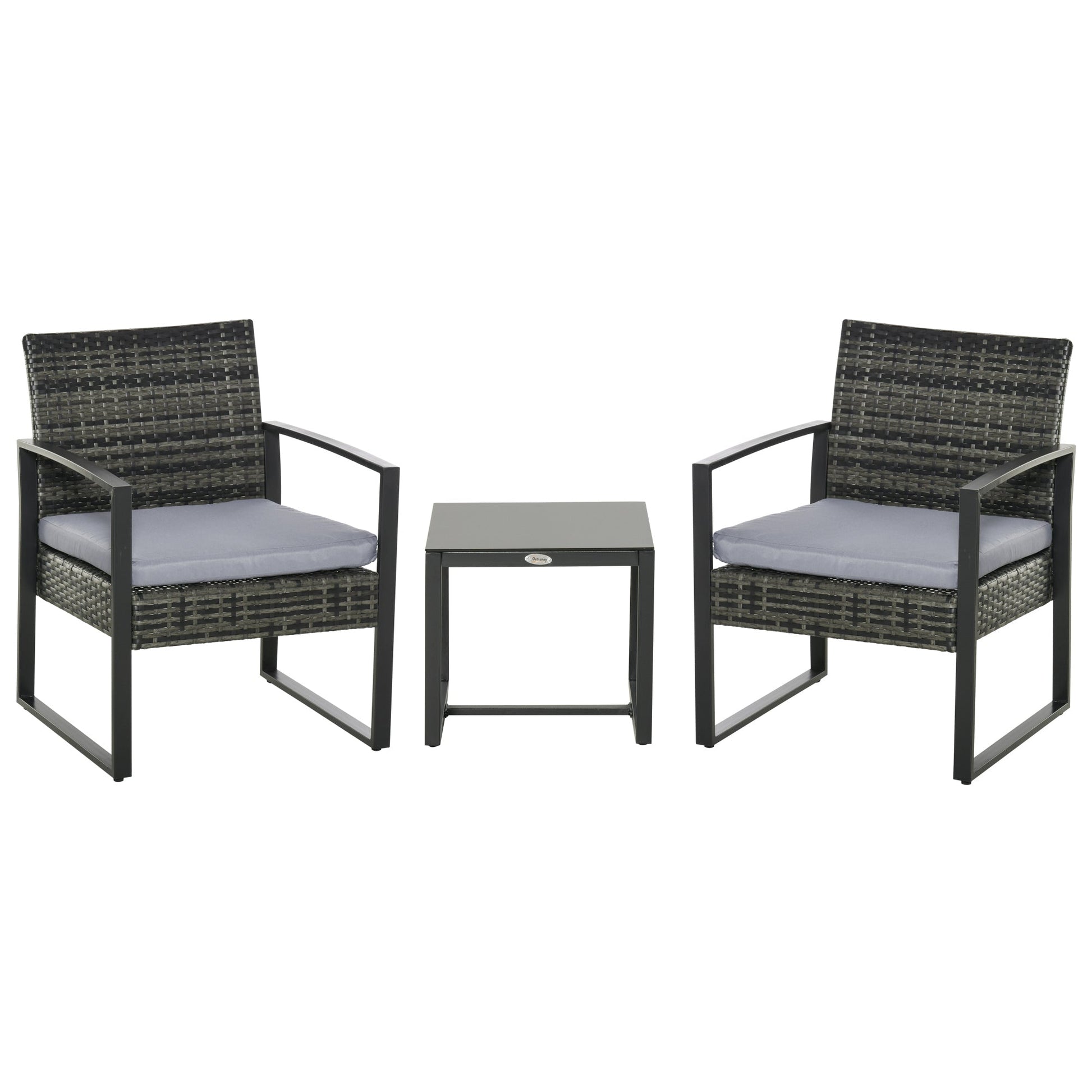 Outsunny Conjunto de Móveis de Jardim de vime 3 Peças com 1 Mesa 42,5x40x39 cm 2 Poltronas 63x57x76 cm Almofada Acolchoada para Pátio Varanda Cinza - A minha loja
