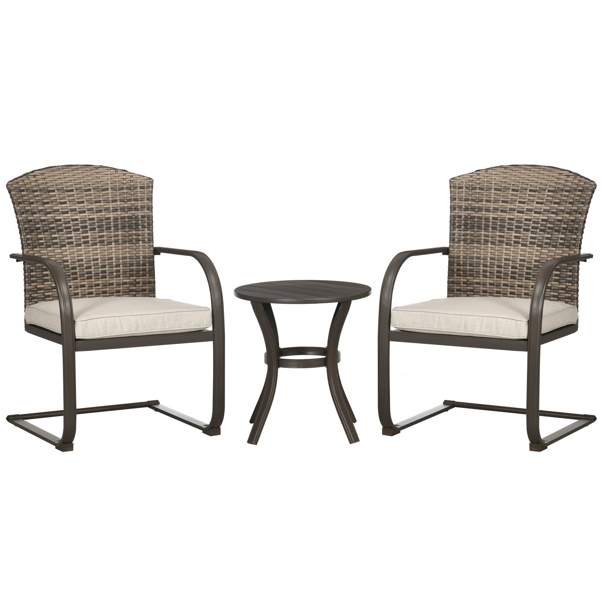 Outsunny Conjunto de Móveis de Jardim de Vime 3 Peças Móveis de Exterior Incluí 2 Poltronas Baloiço com Almofadas e Mesa Redonda para Varanda Pátio Marrom - A minha loja
