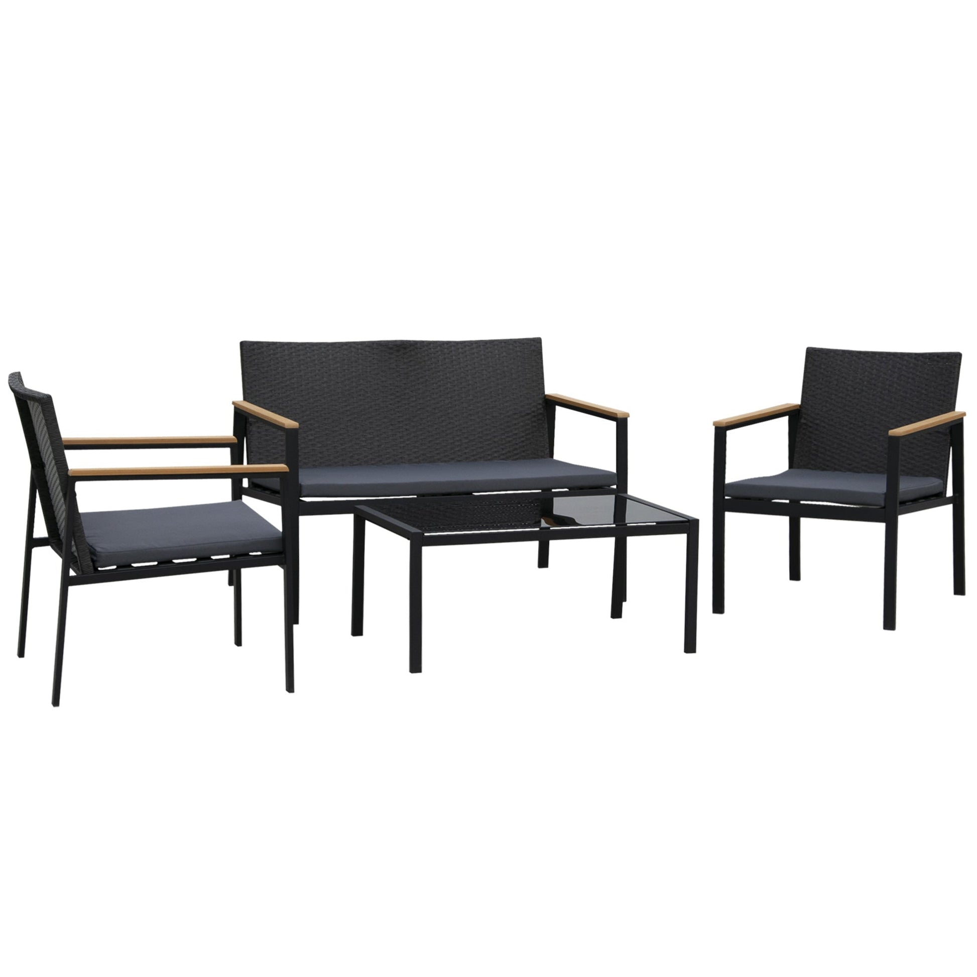 Outsunny Conjunto de Móveis de Vime e 4 Peças com Almofadas Acolchoadas 2 Poltronas 1 Sofá Duplo e Mesa de Centro com Vidro Temperado para Jardim Varanda Preto - A minha loja