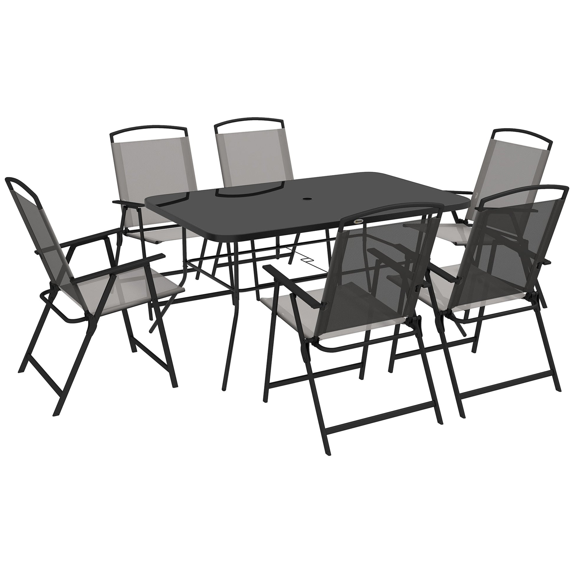 Outsunny Conjunto de Refeição de 7 Peças Conjunto de Jardim com 6 Cadeiras Dobráveis e Mesa com Orifício para Chapéu de Sol para Terraço Exterior Cinza - A minha loja