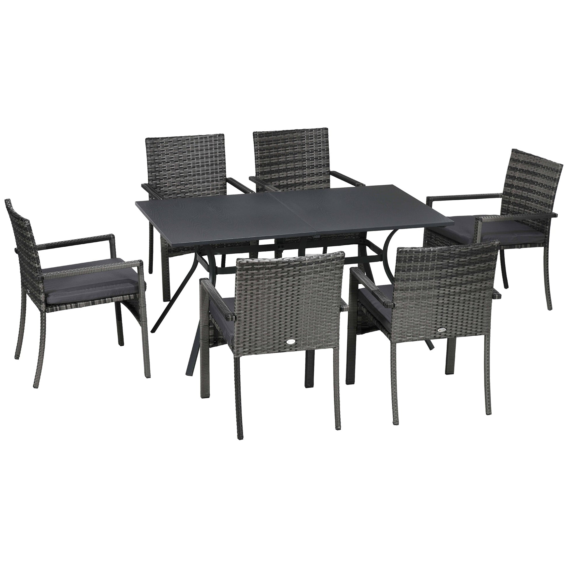 Outsunny Conjunto de Refeição de Jardim em Vime Sintético Conjunto de Móveis para Exterior de 7 Peças Inclui 6 Cadeiras com Almofadas e Mesa de Metal Cinza - A minha loja