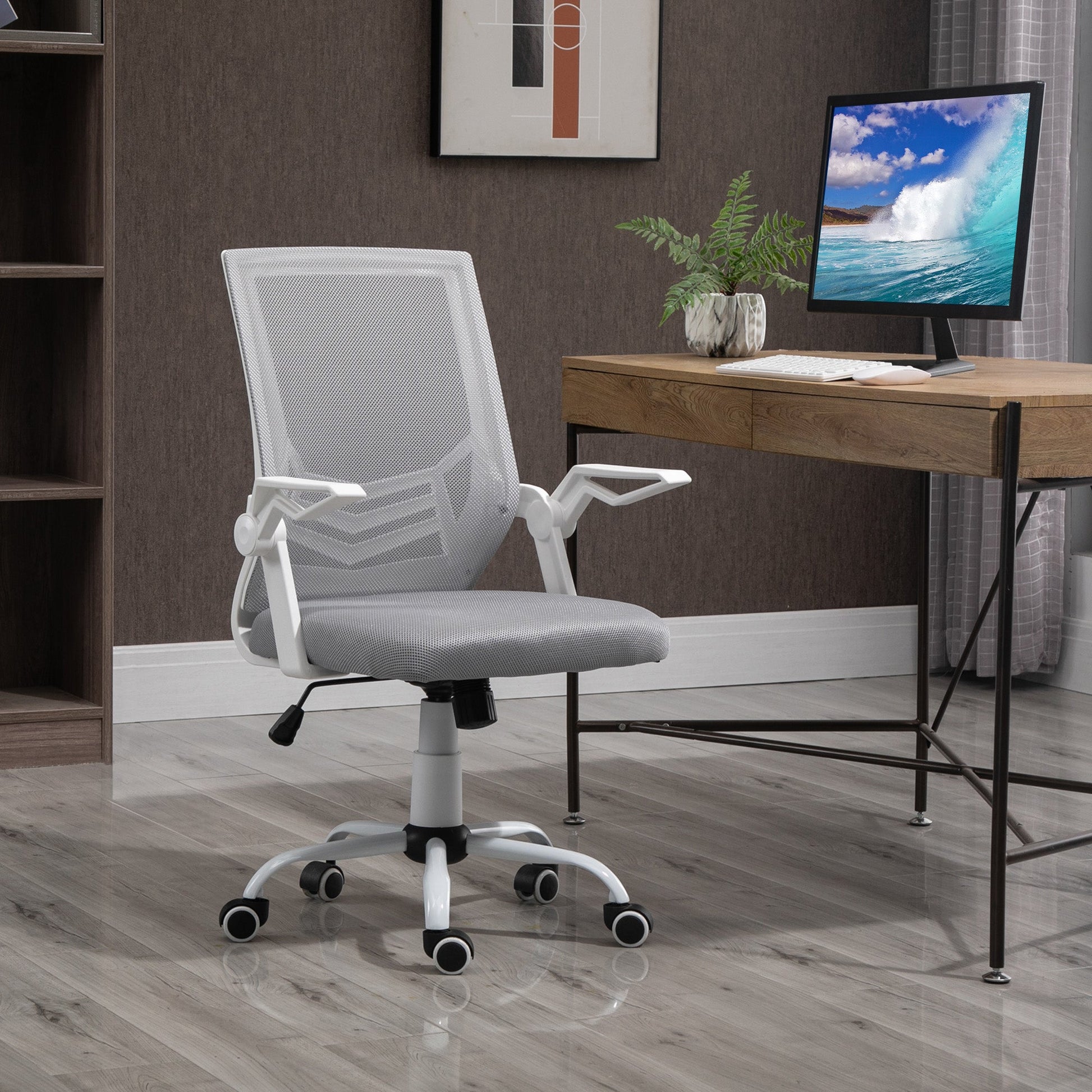 Cadeira de Escritório Ergonômica Cadeira de Escritório Giratória com Altura Ajustável Apoio para os Braços Dobrável Suporte Lombar e Encosto Transpirável 62,5x55x94-104cm Cinza